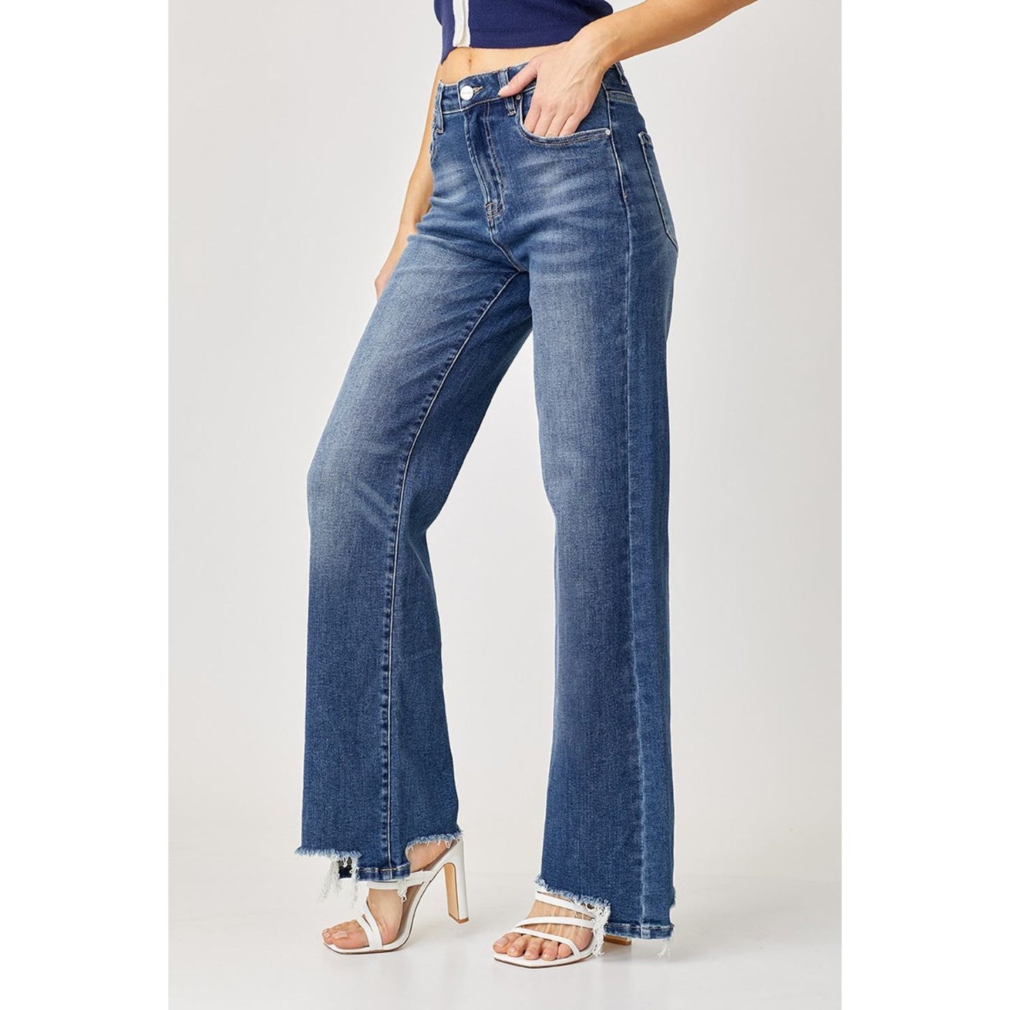 Risen Full Size High Rise Frayed Hem Wide Leg Jeans