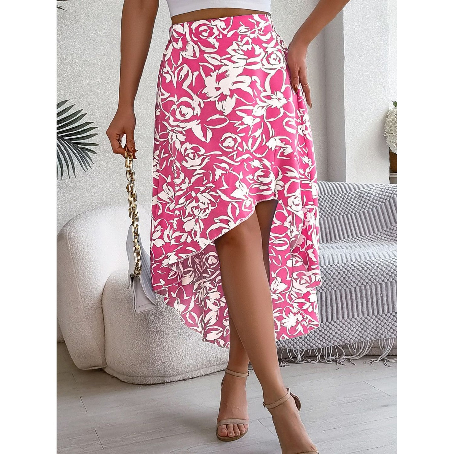 High-Low Printed High Waist Skirt