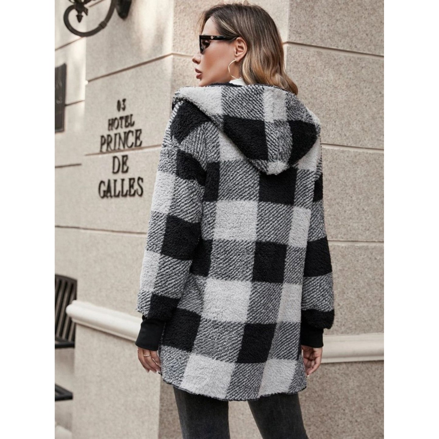 Plaid Long Sleeve Hooded Coat