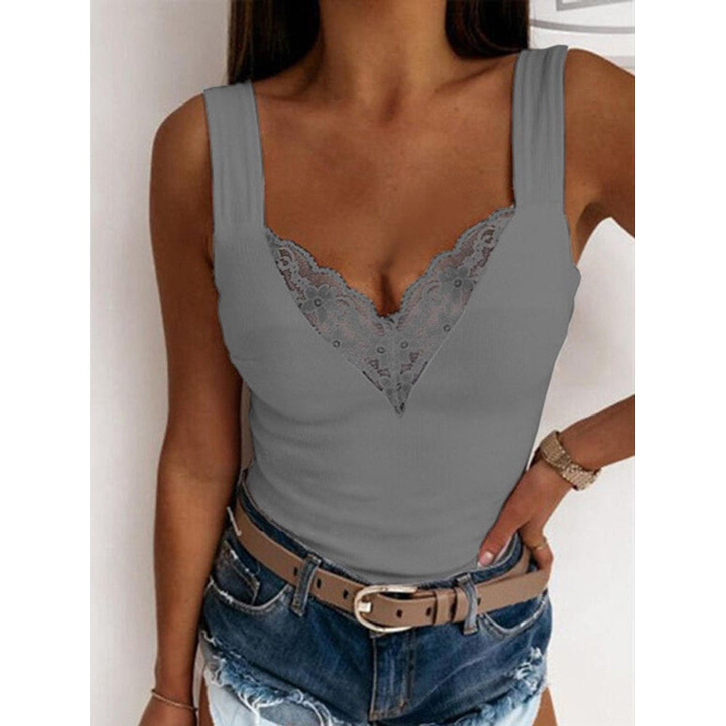 Full Size Lace Detail Sweetheart Neck Tank