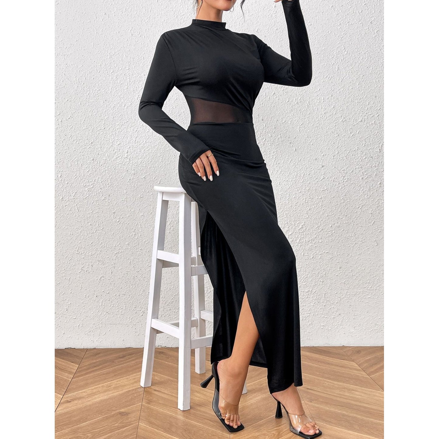 Honey Slit Mock Neck Long Sleeve Maxi Dress