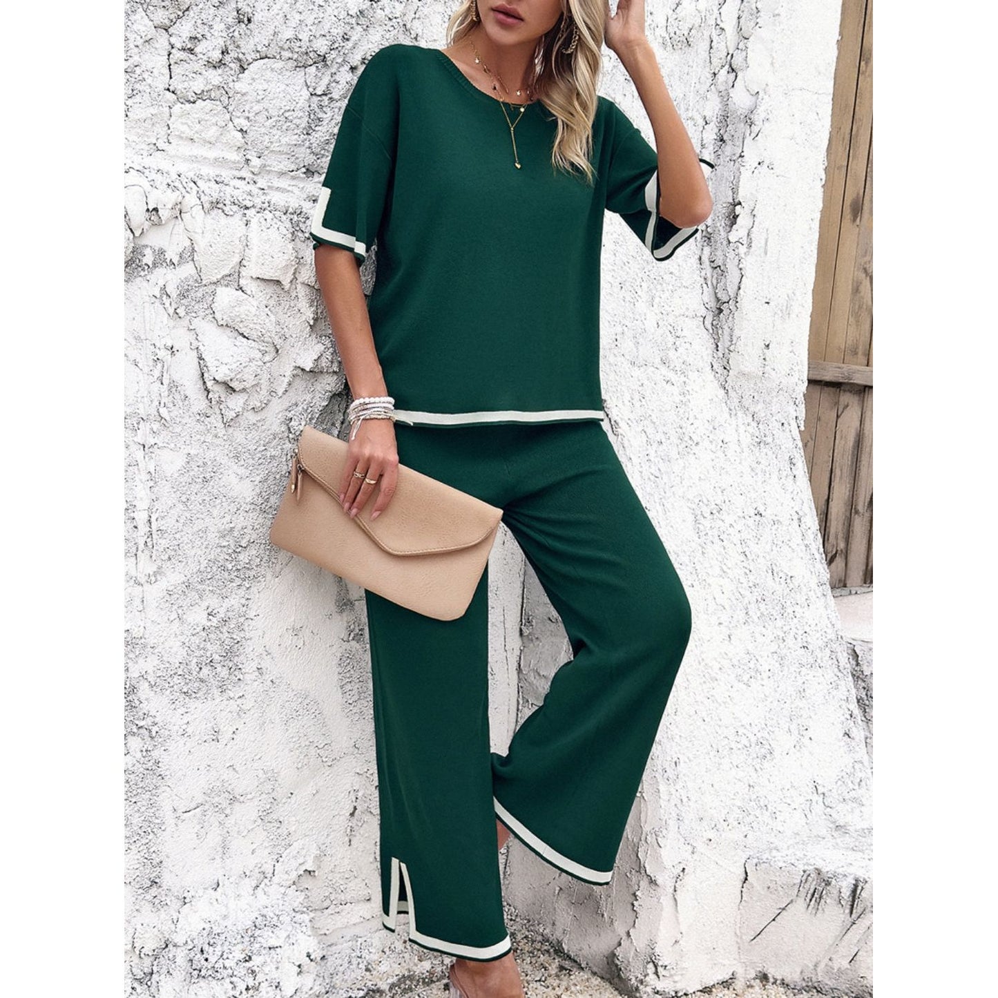 Contrast Trim Round Neck Top and Pants Set