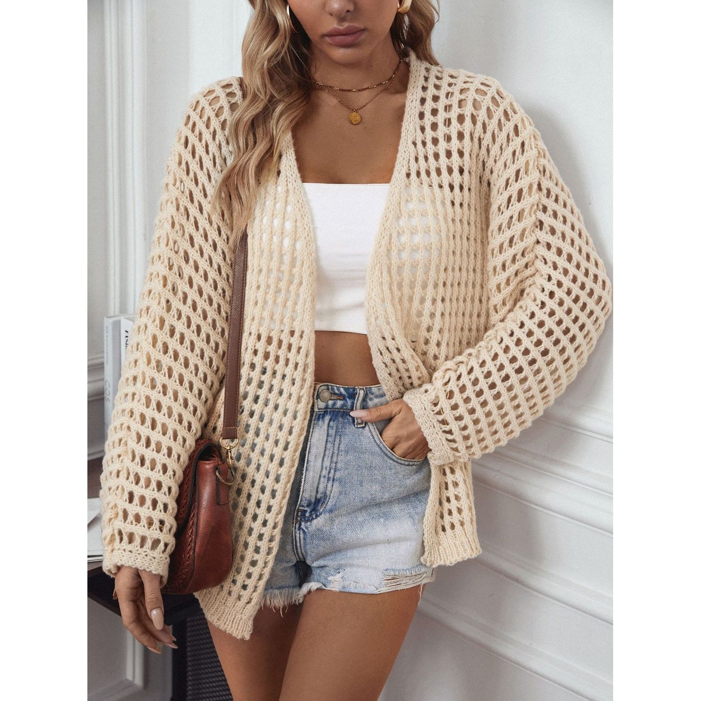 Openwork Open Front Long Sleeve Cardigan