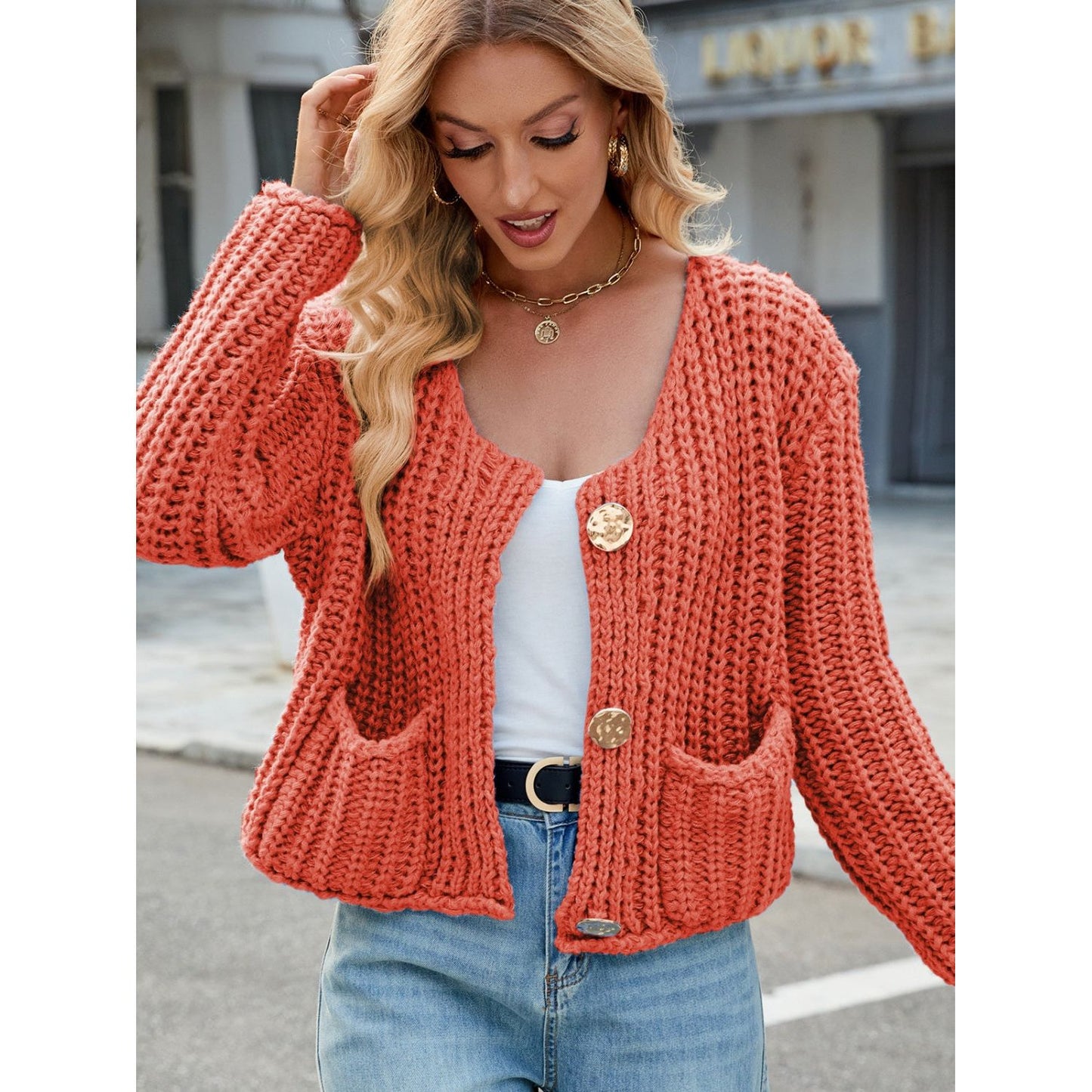 Round Neck Button Up Cardigan with Pockets