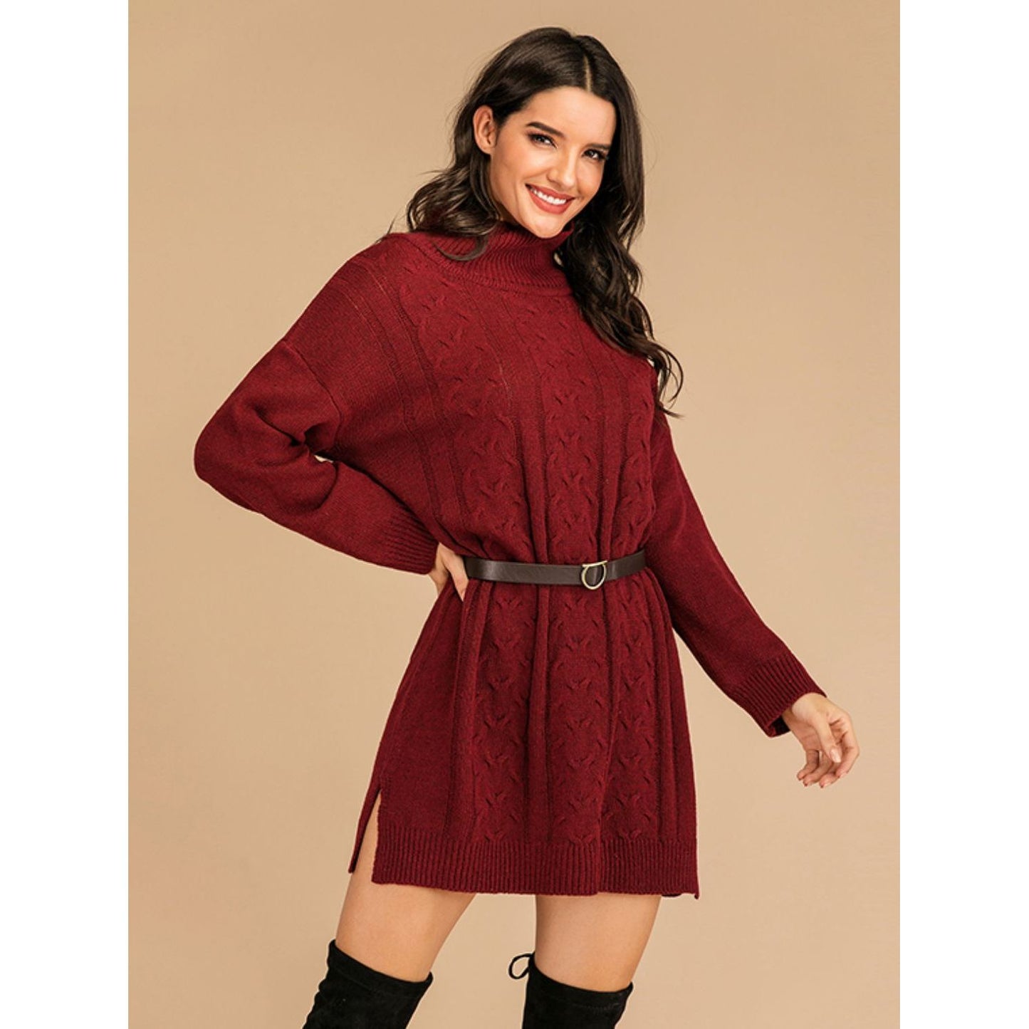 Perfee Slit Turtleneck Long Sleeve Mini Sweater Dress