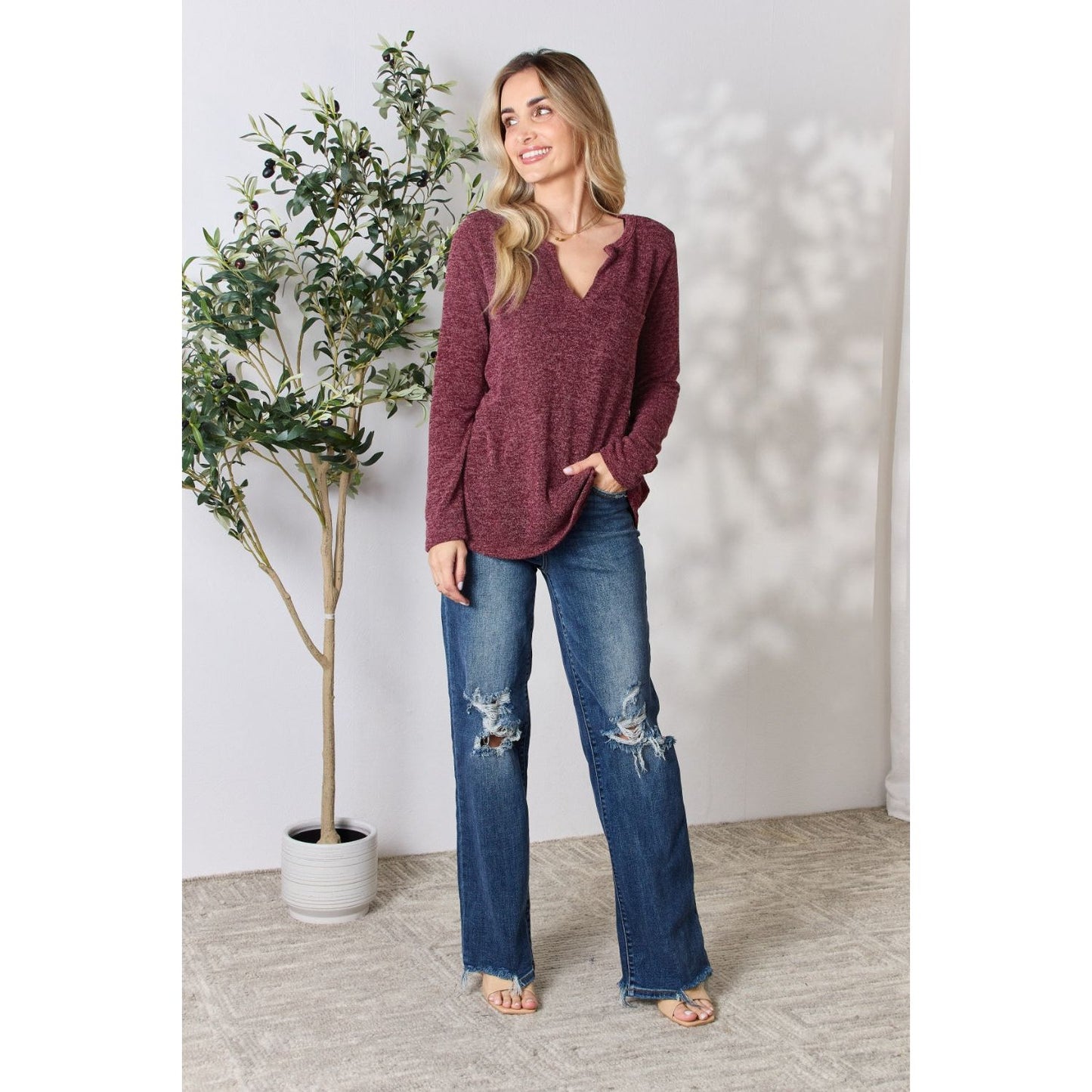 Heimish Full Size Notched Long Sleeve Top