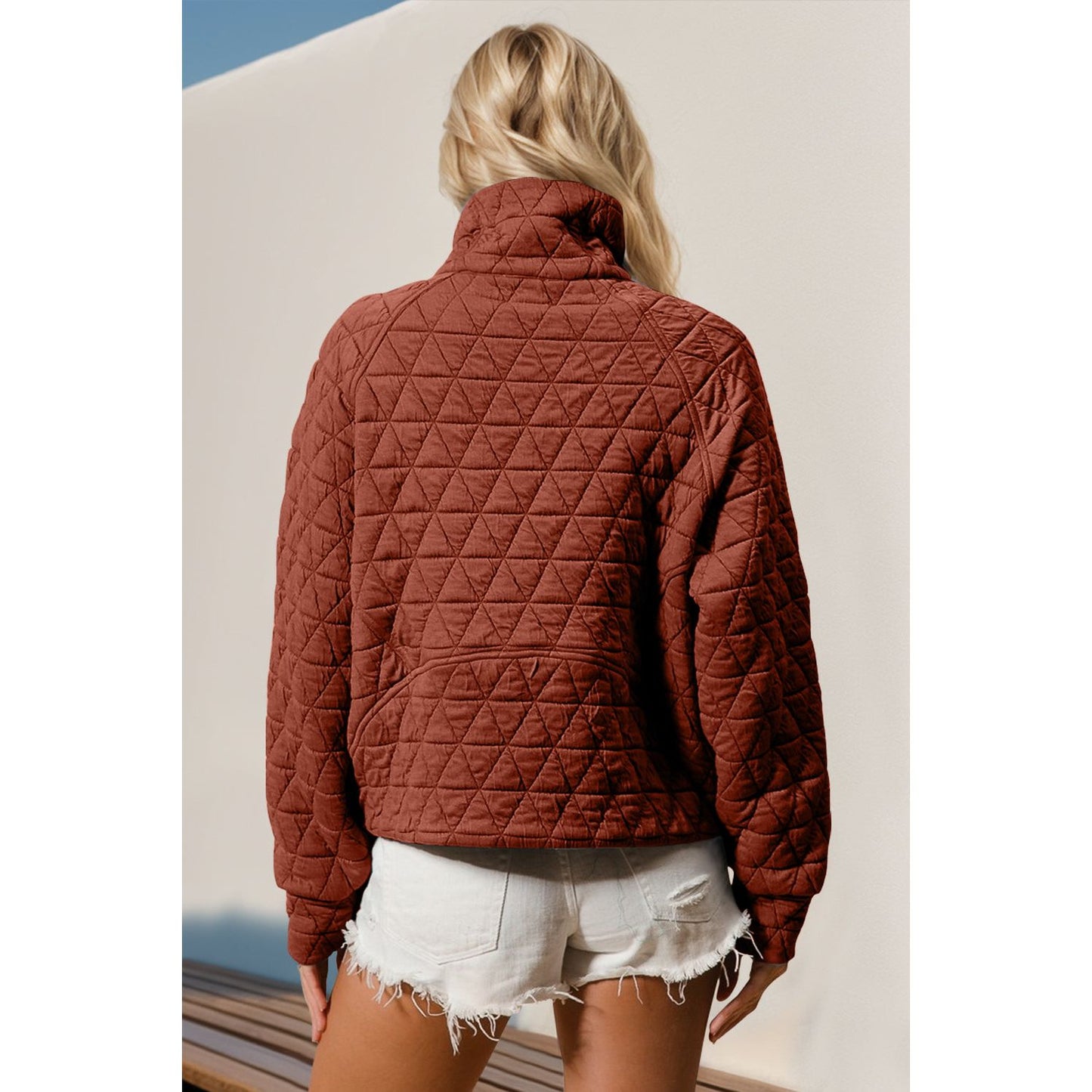 Double Take Half Zip Long Sleeve Quilted Sweatshirt with Pocket