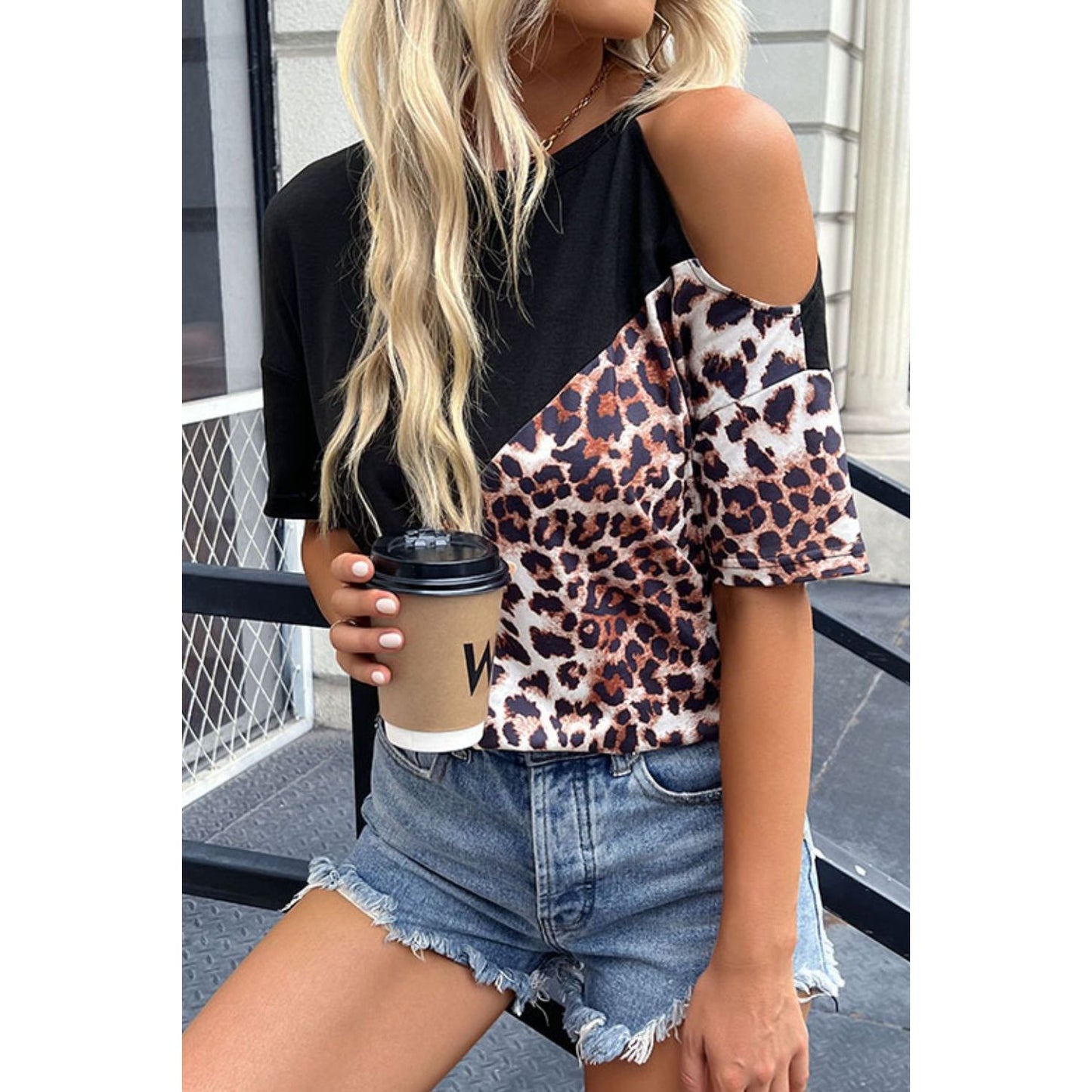 Perfee Spliced Leopard Cold-Shoulder Tee