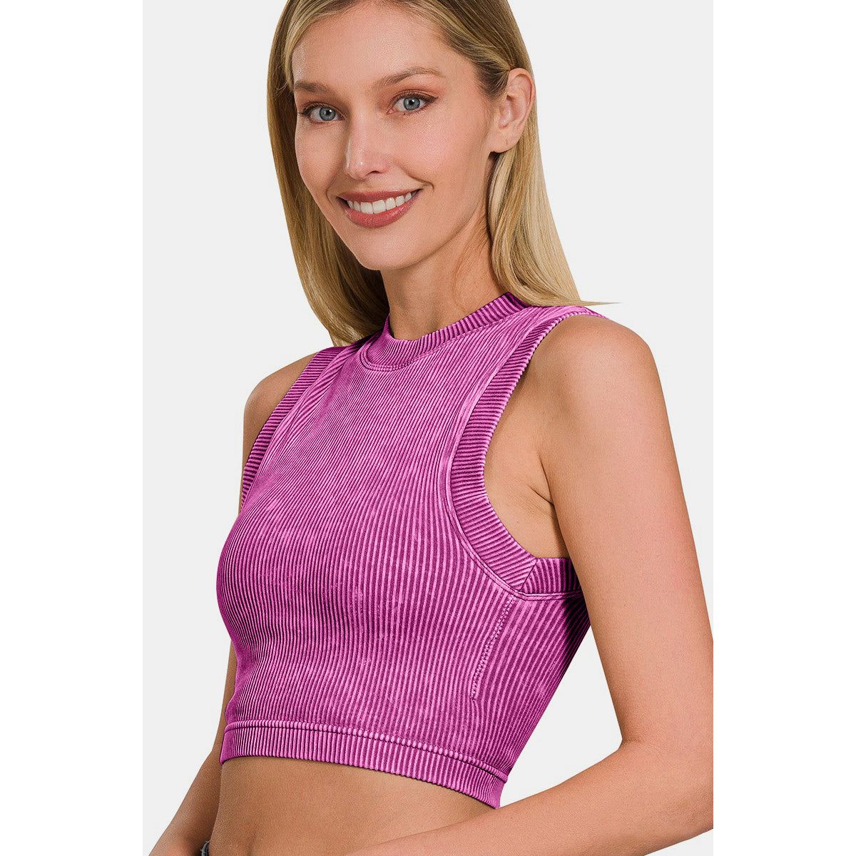 Zenana Washed Ribbed Seamless Crop Tank with Bra Pad