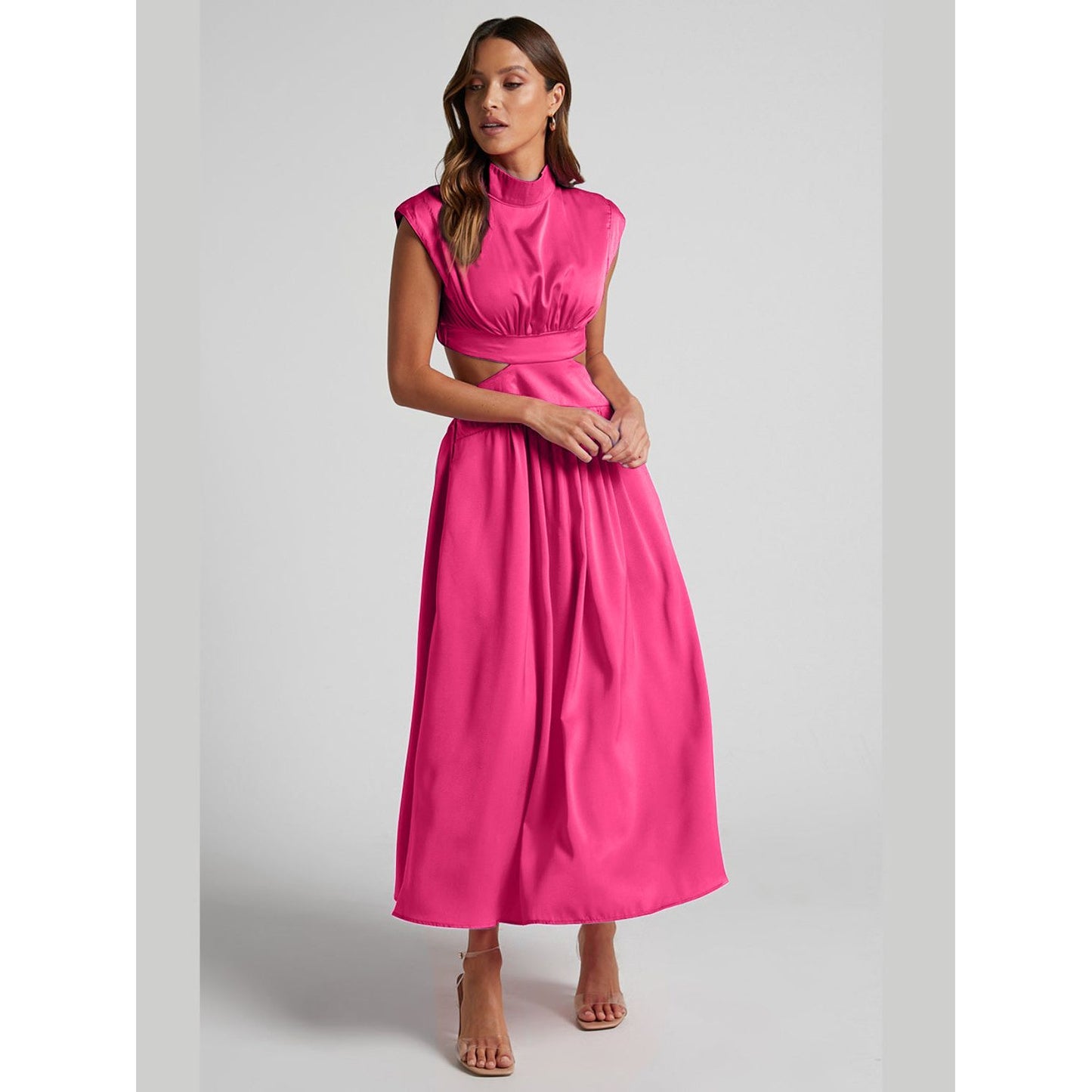 Cutout Mock Neck Sleeveless Ruched Dress