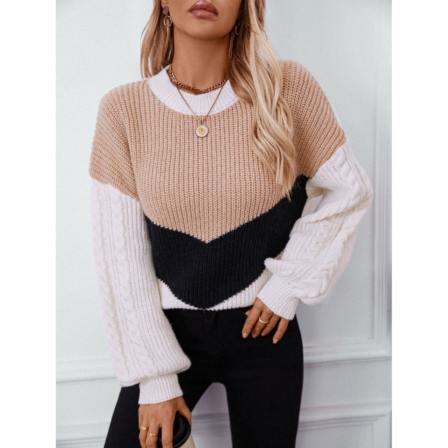 Contrast Round Neck Long Sleeve Sweater