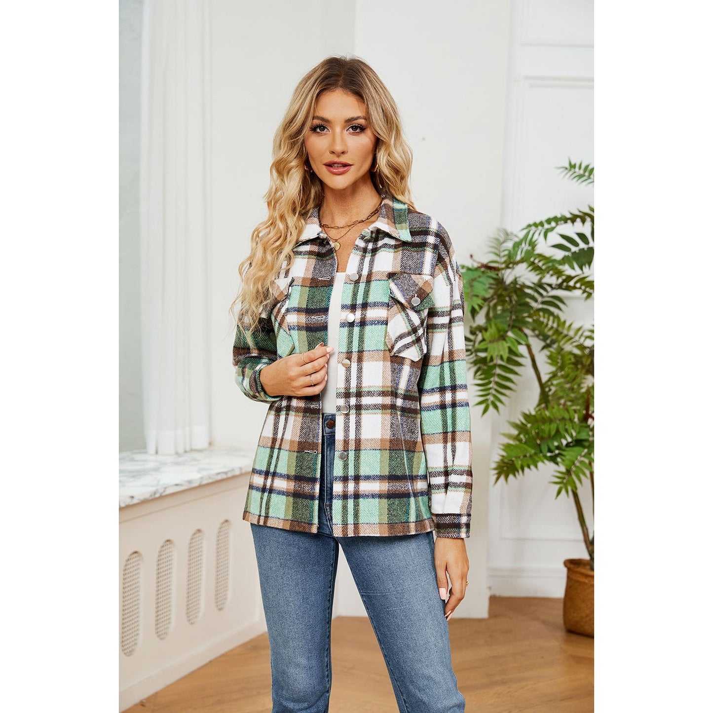 Button Down Collared Plaid Shacket