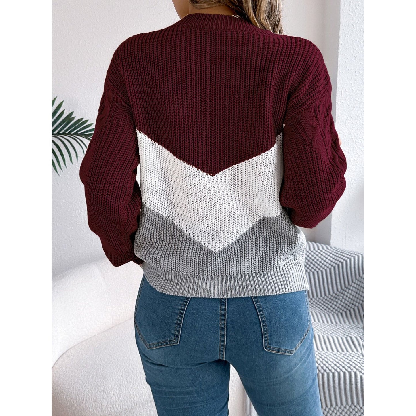 Cable-Knit Color Block Round Neck Sweater