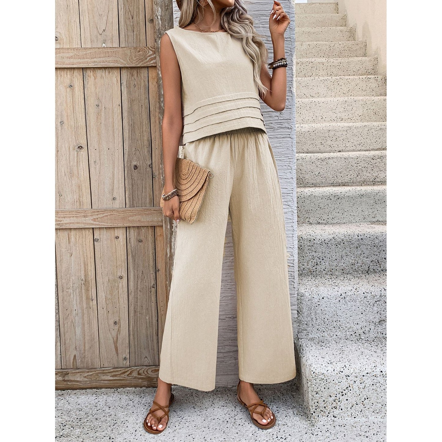 Honey Round Neck Sleeveless Top and Wide Leg Pants Set