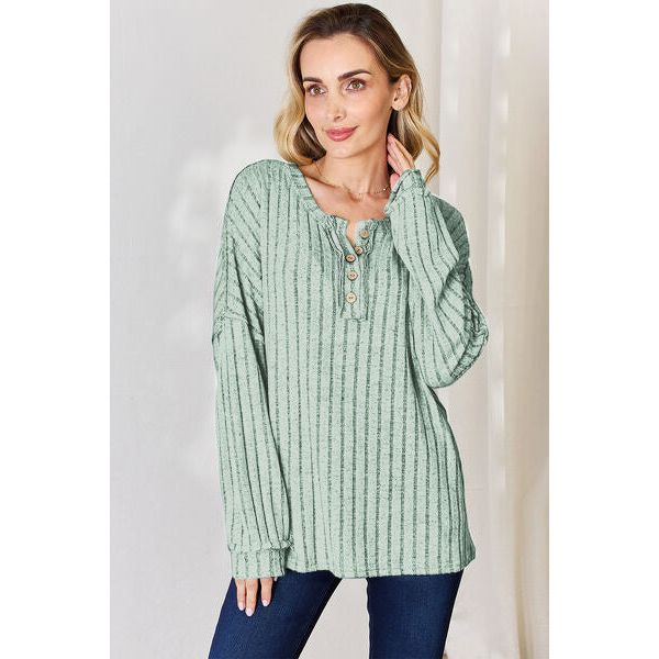 Basic Bae Full Size Ribbed Half Button Long Sleeve T-Shirt