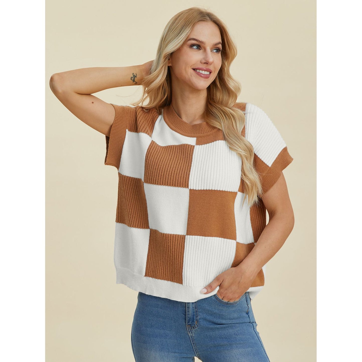 Double Take Full Size Checkered Round Neck Short Sleeve Sweater