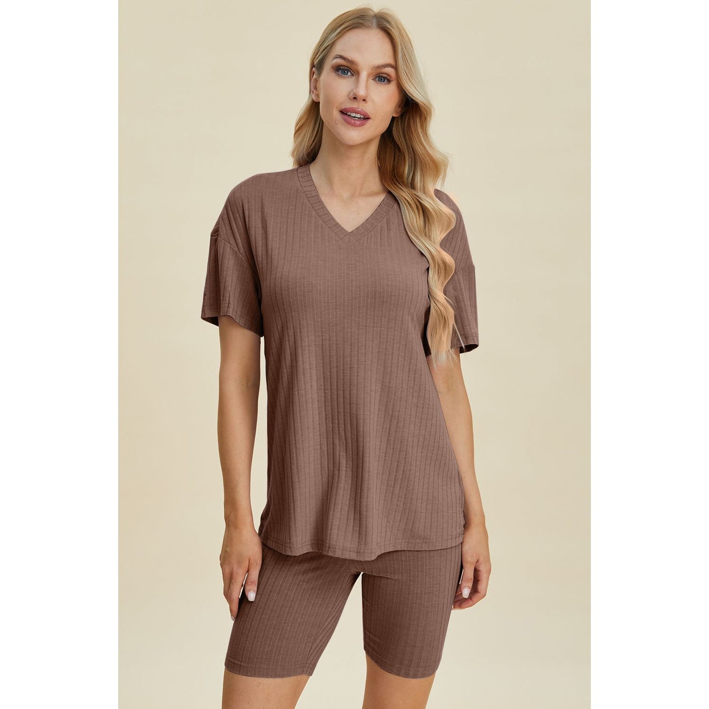 Basic Bae Full Size Ribbed V-Neck Short Sleeve Top and Shorts Set