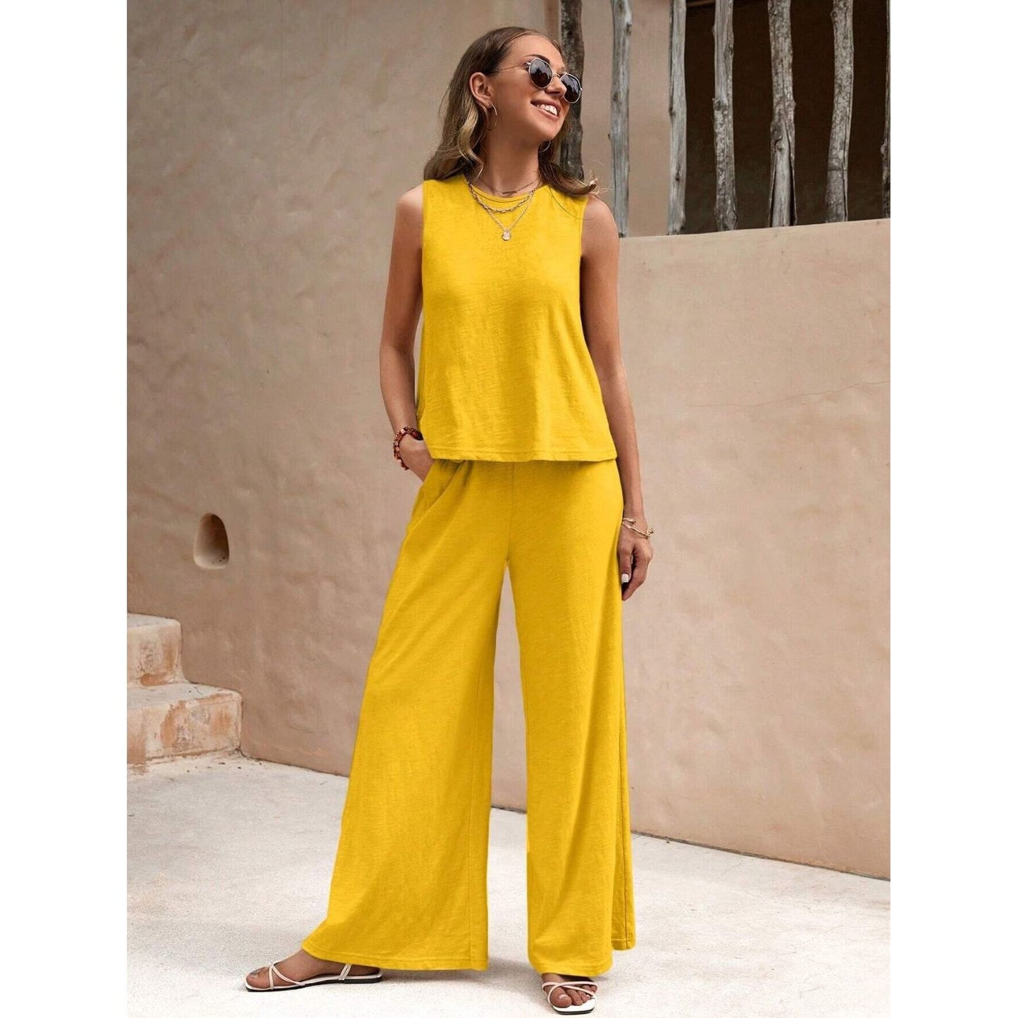 Round Neck Sleeveless Top and Wide Leg Pants Set