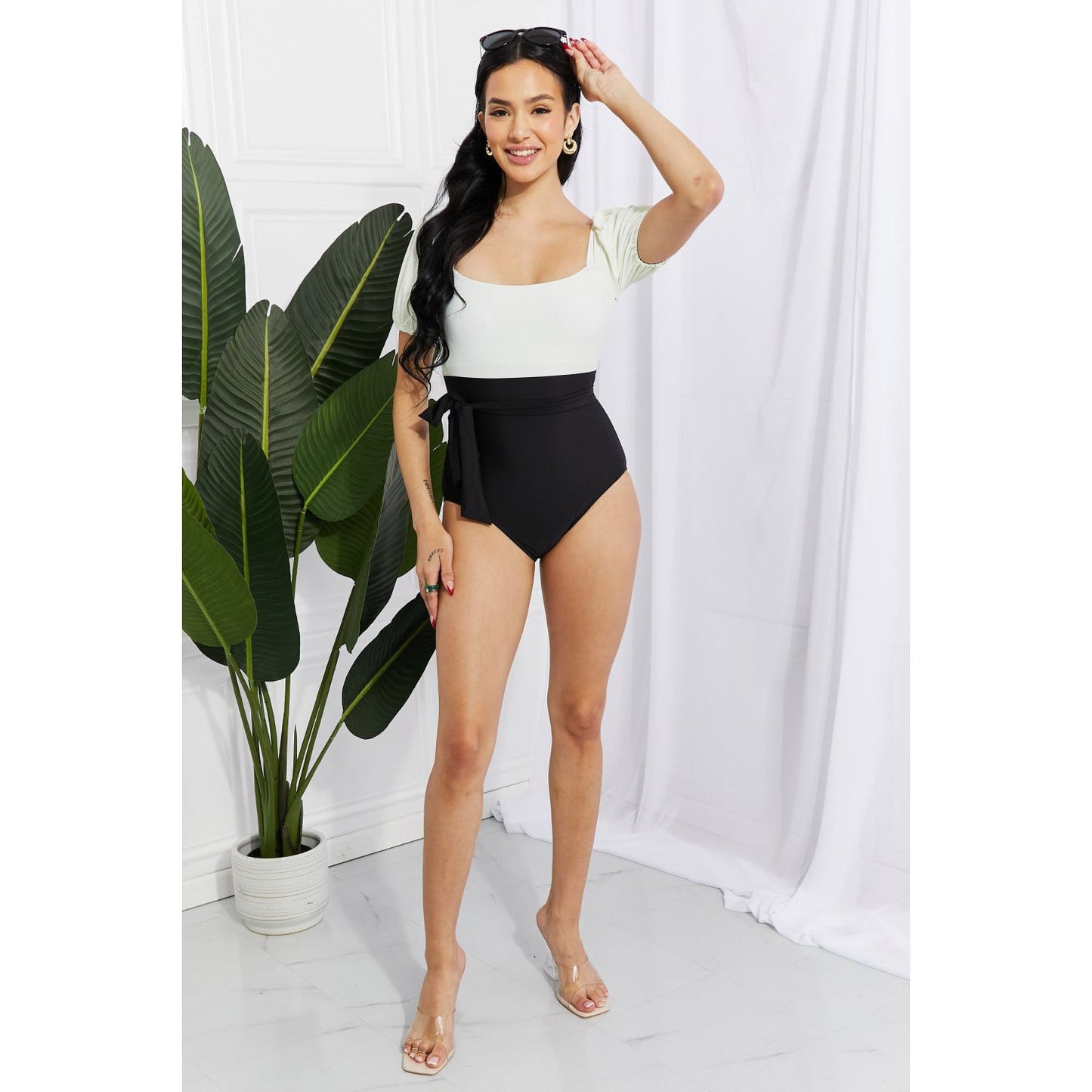 Marina West Swim Salty Air Puff Sleeve One-Piece in Cream/Black