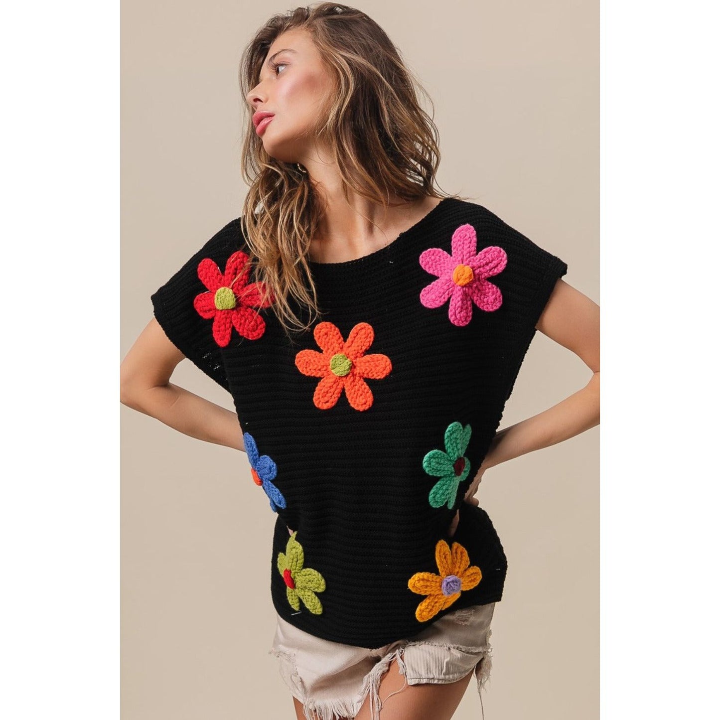 BiBi Flower Round Neck Cap Sleeve Knit Top