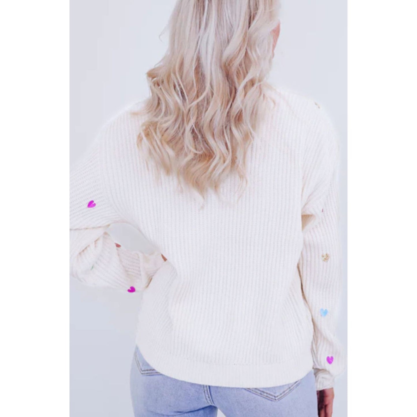 Heart Sequin Round Neck Long Sleeve Sweater