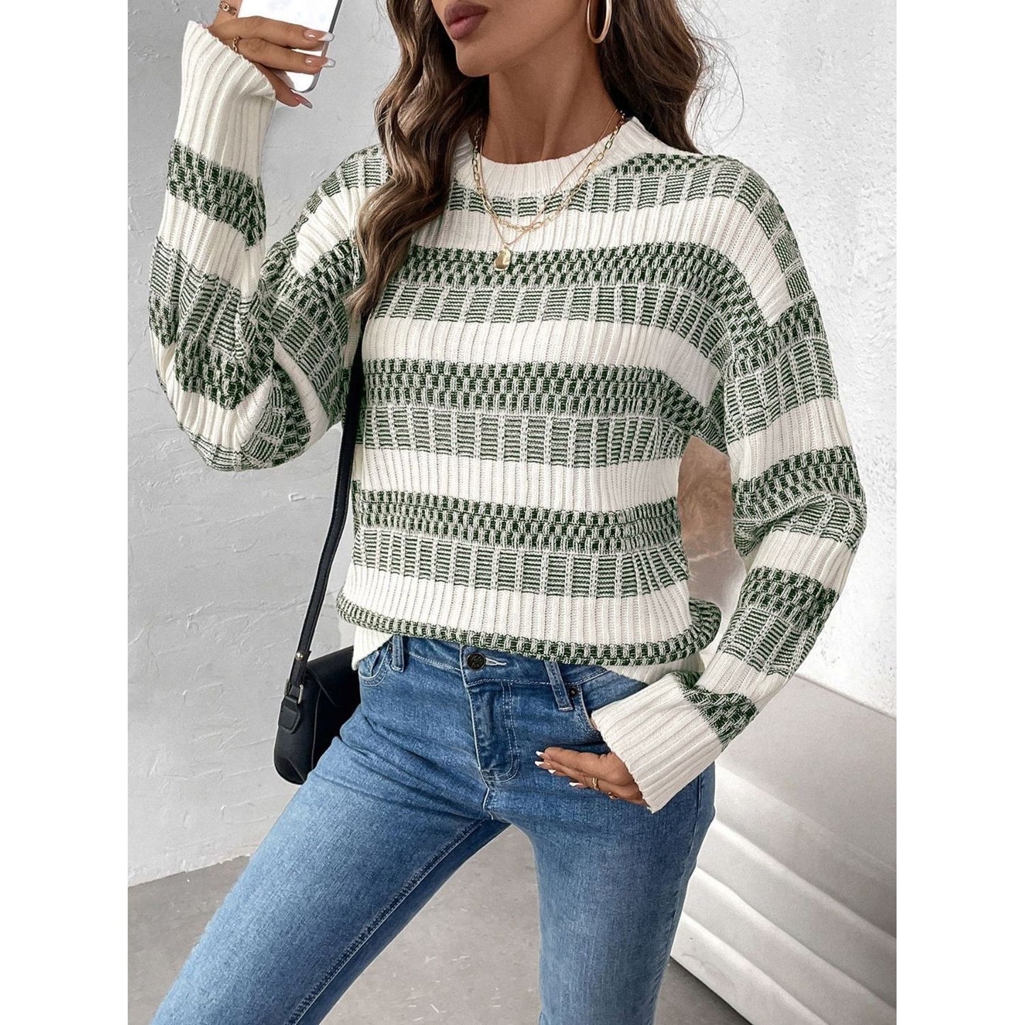 Perfee Contrast Round Neck Long Sleeve Sweater