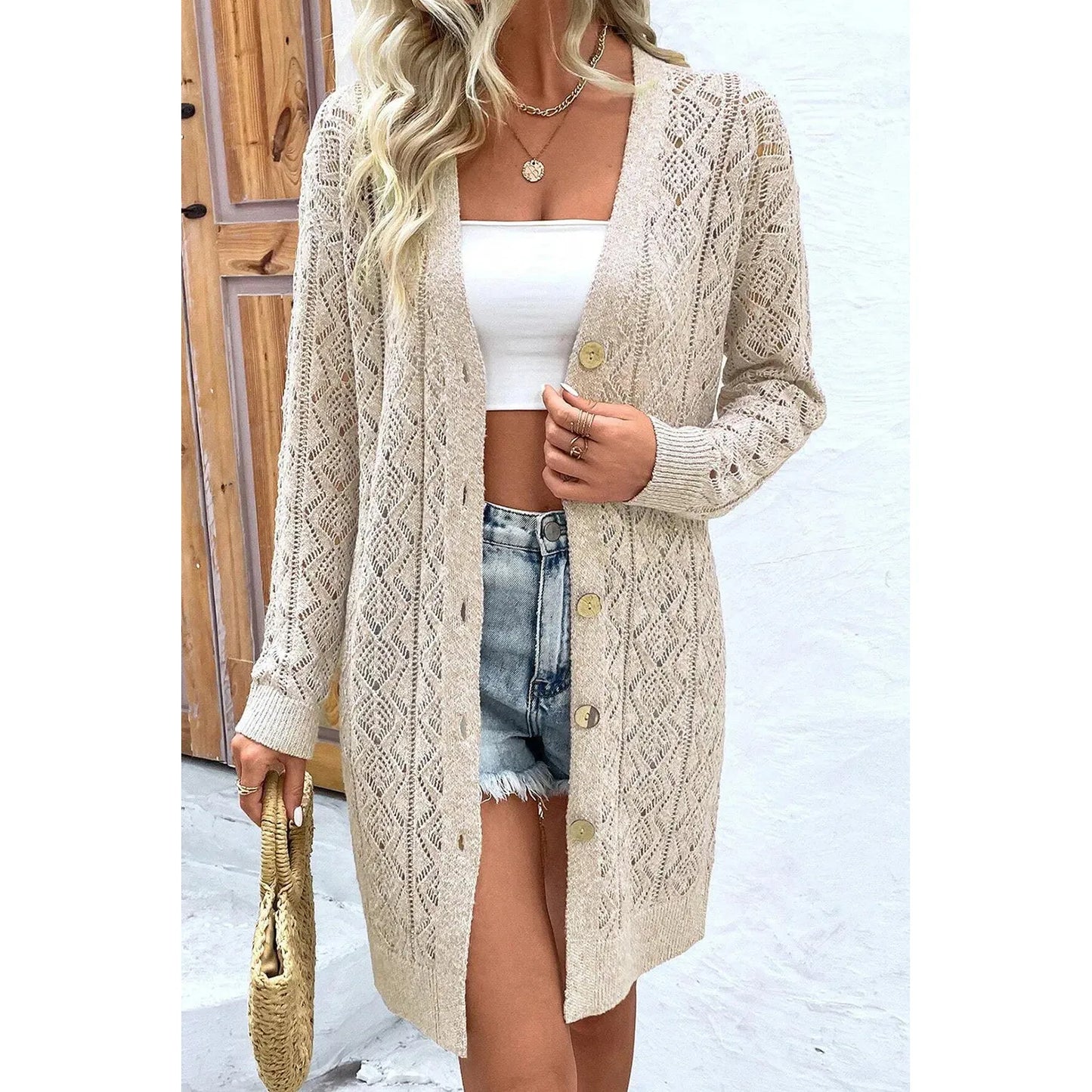 Openwork Button Down Long Sleeve Cardigan