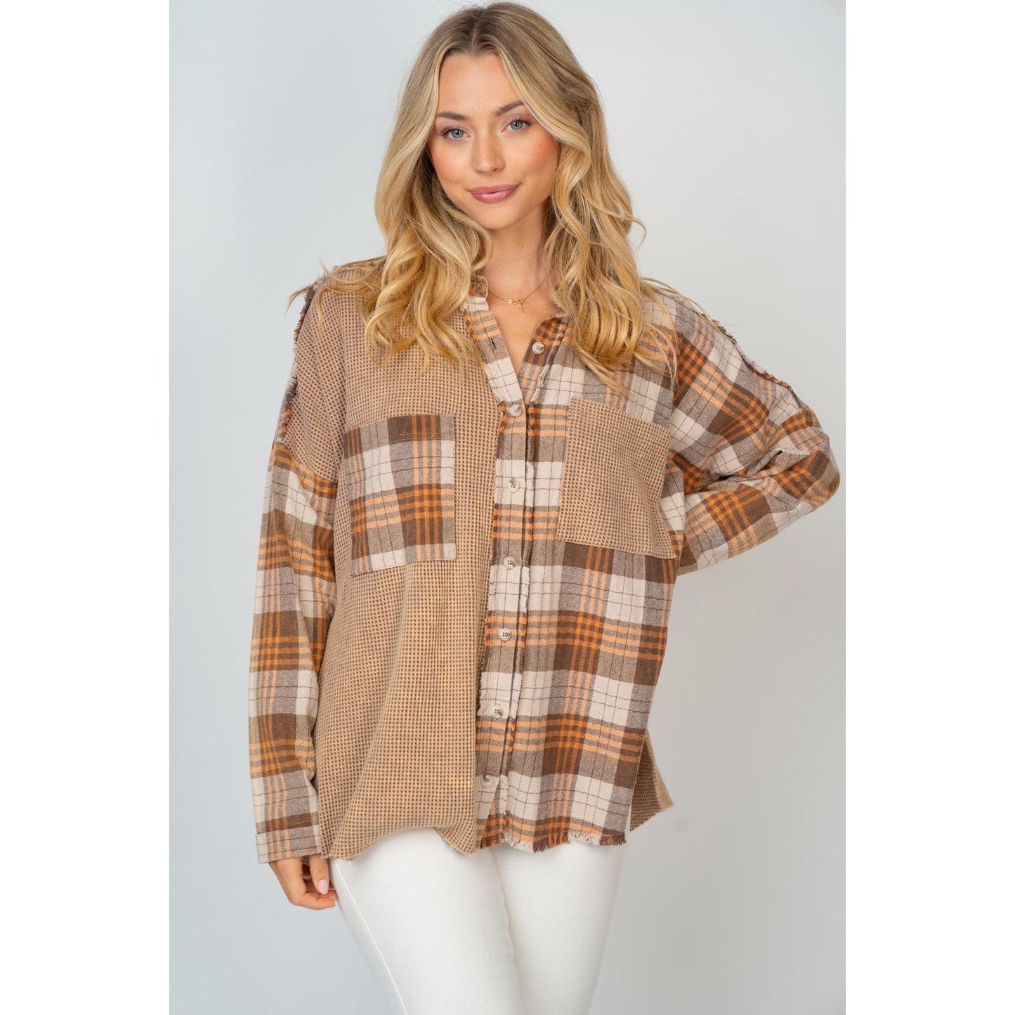 White Birch Full Size Contrast Plaid Button Down Shirt