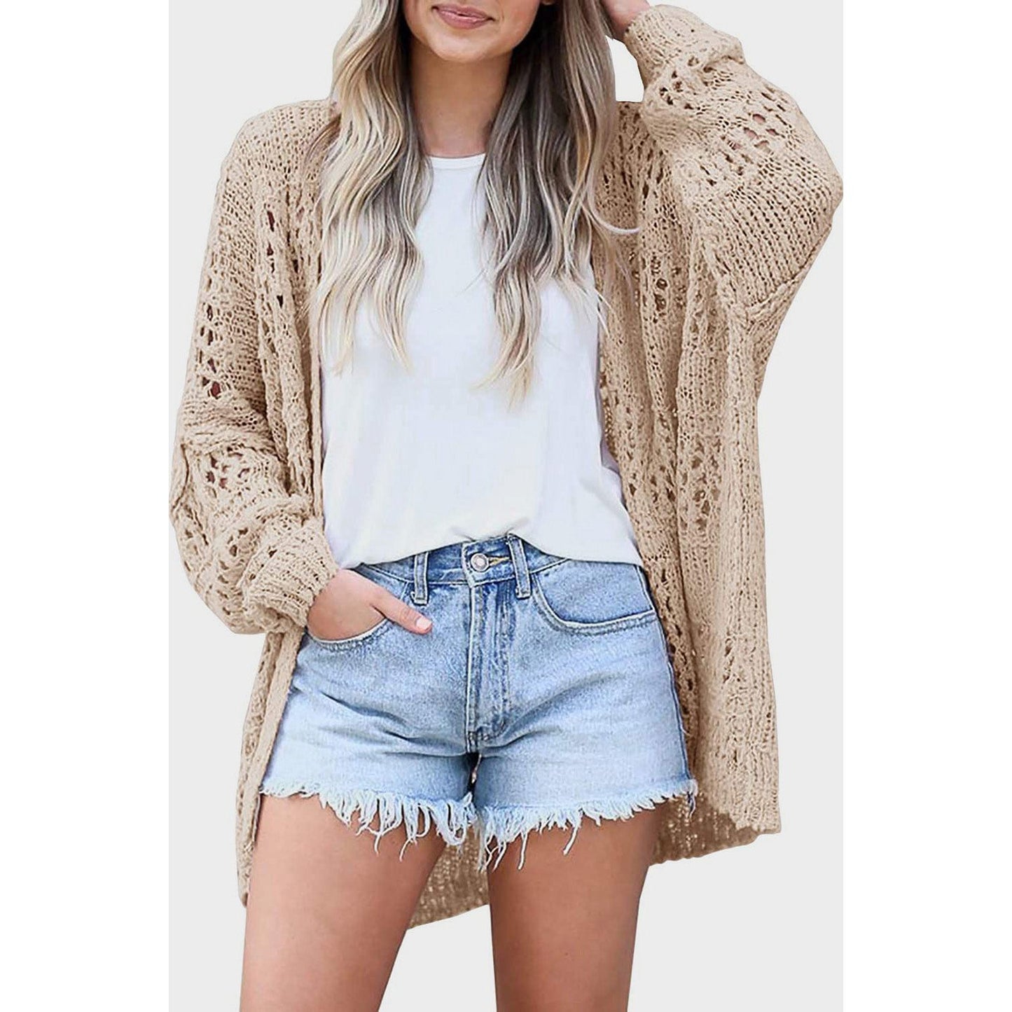 Openwork Open Front Long Sleeve Cardigan