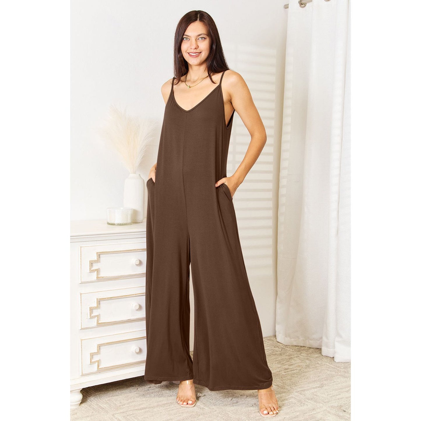 Double Take Full Size Soft Rayon Spaghetti Strap Tied Wide Leg Jumpsuit