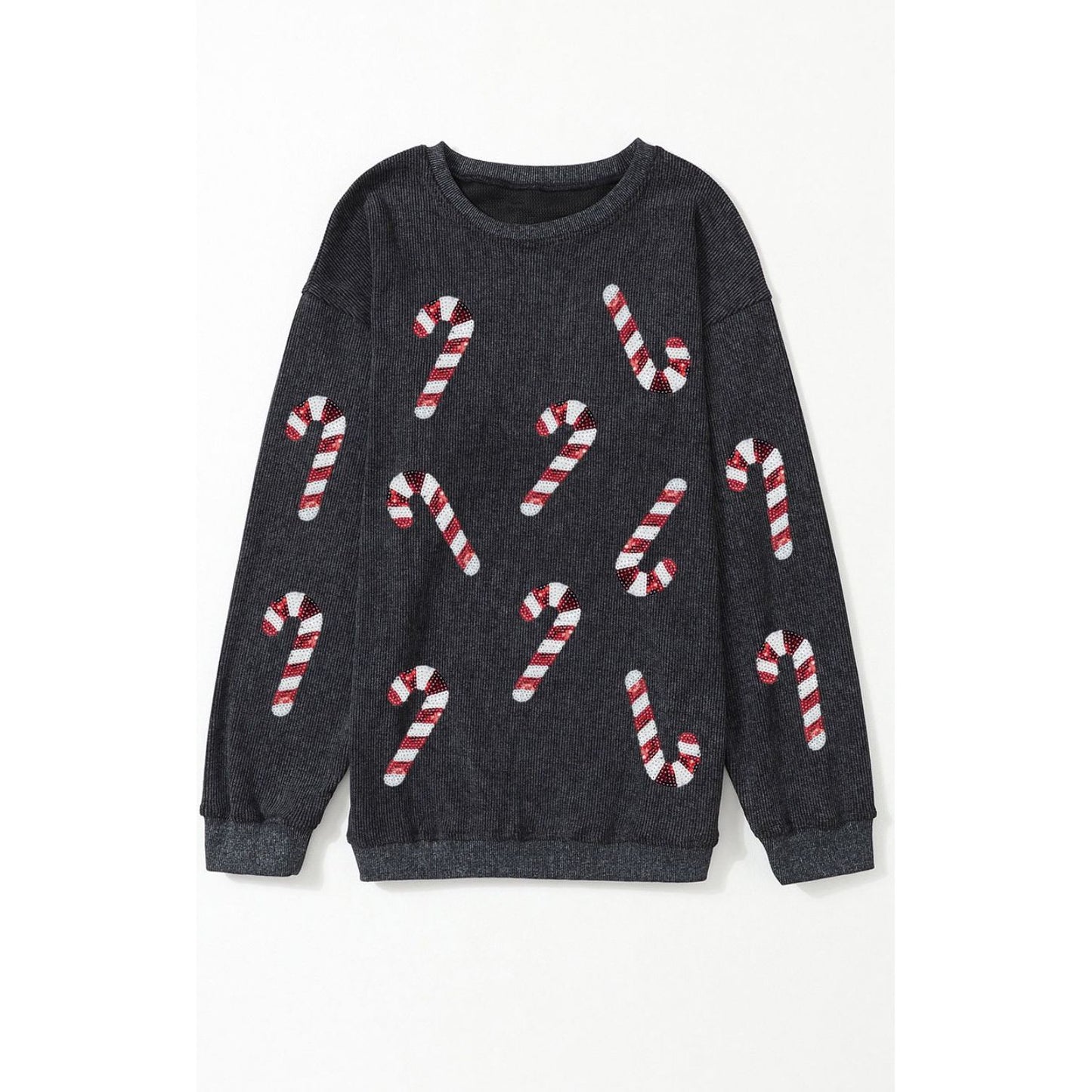 Sequin Candy Cane Round Neck Sweatshirt