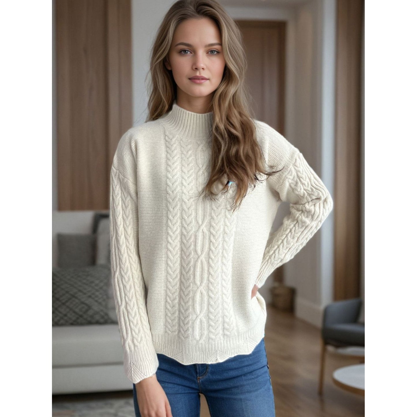 Cable-Knit Mock Neck Dropped Shoulder Sweater