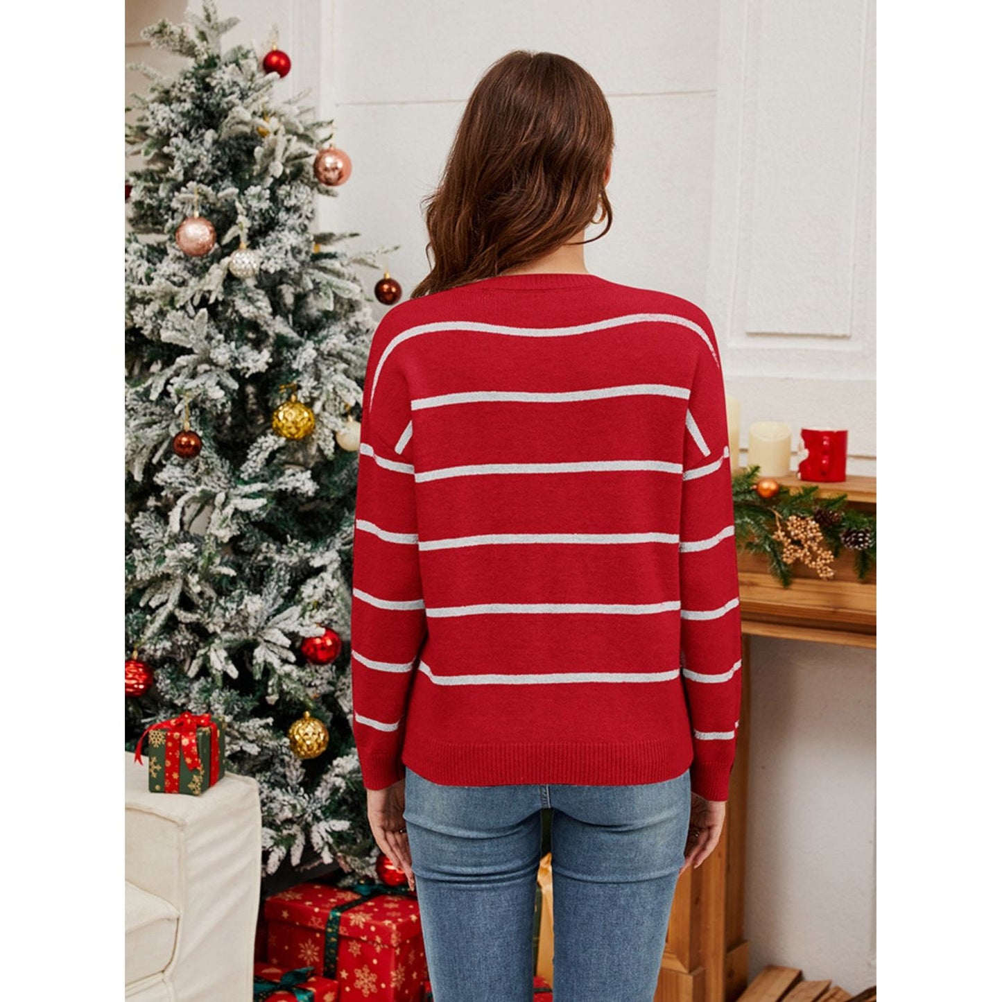 Sequin Santa Striped Round Neck Long Sleeve Sweater