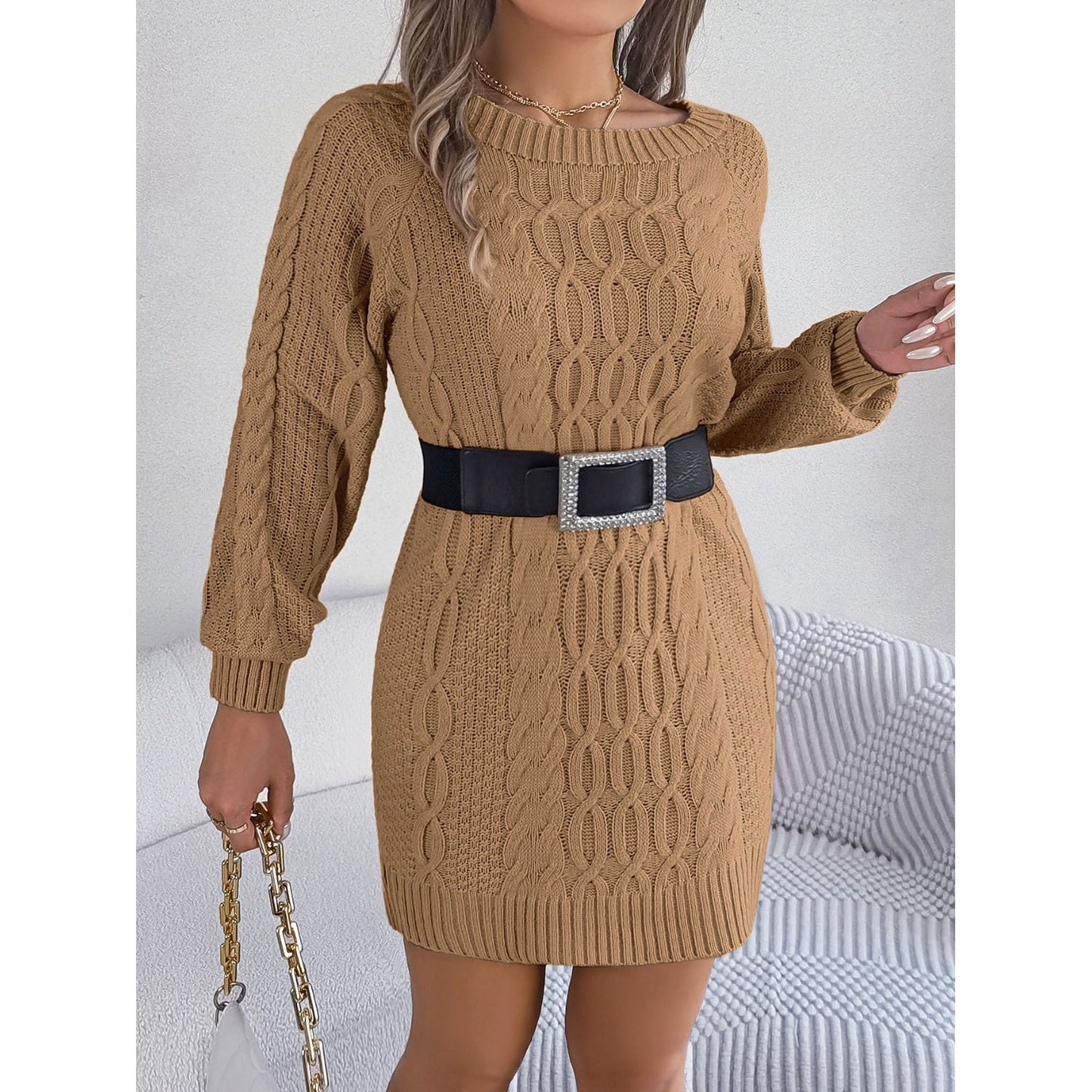 Cable-Knit Round Neck Sweater Dress