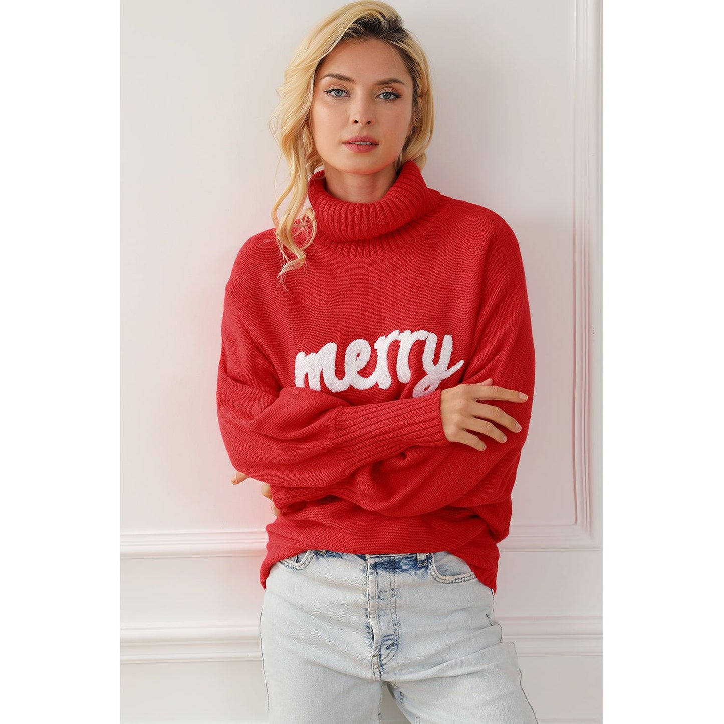 Merry Letter Embroidered High Neck Sweater