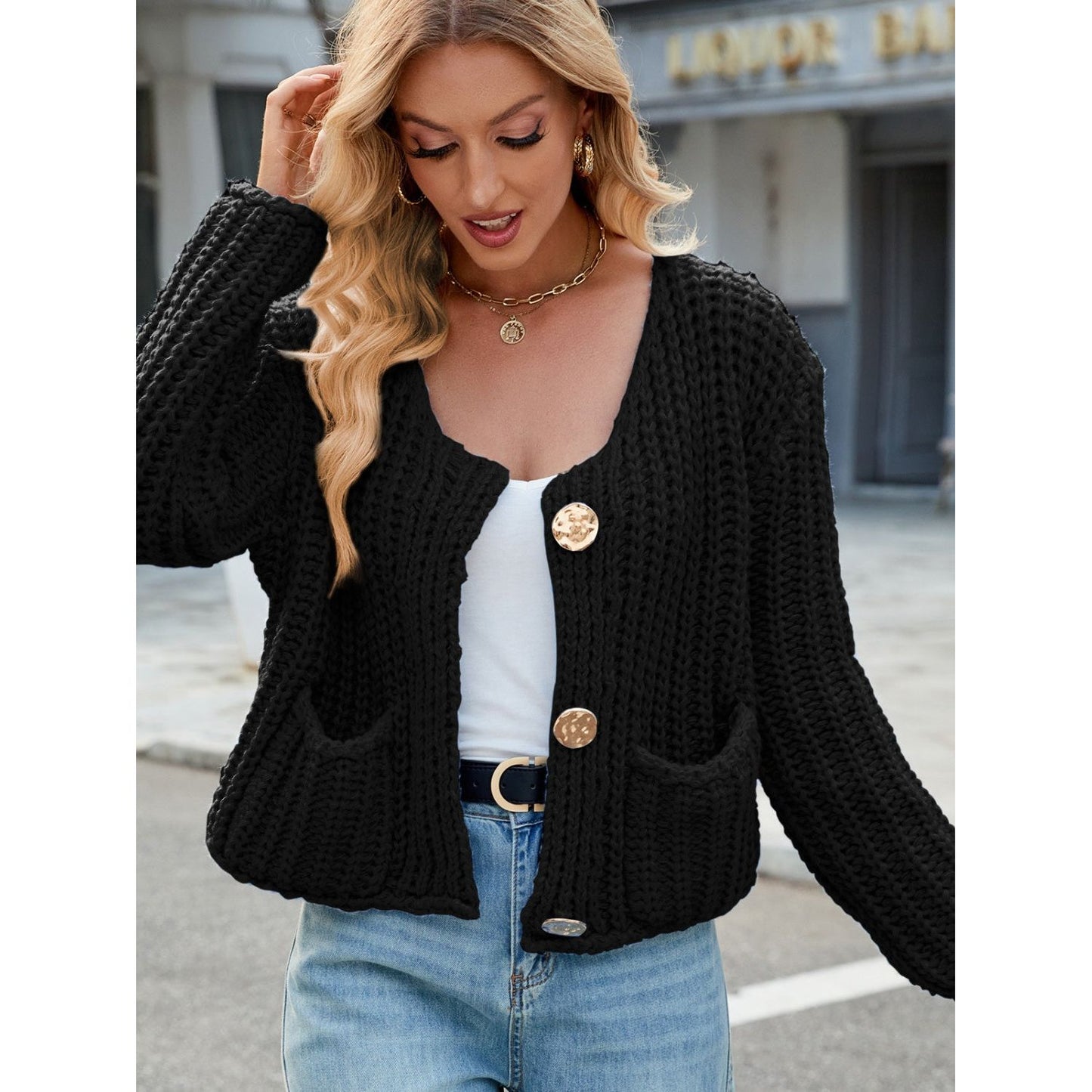 Round Neck Button Up Cardigan with Pockets