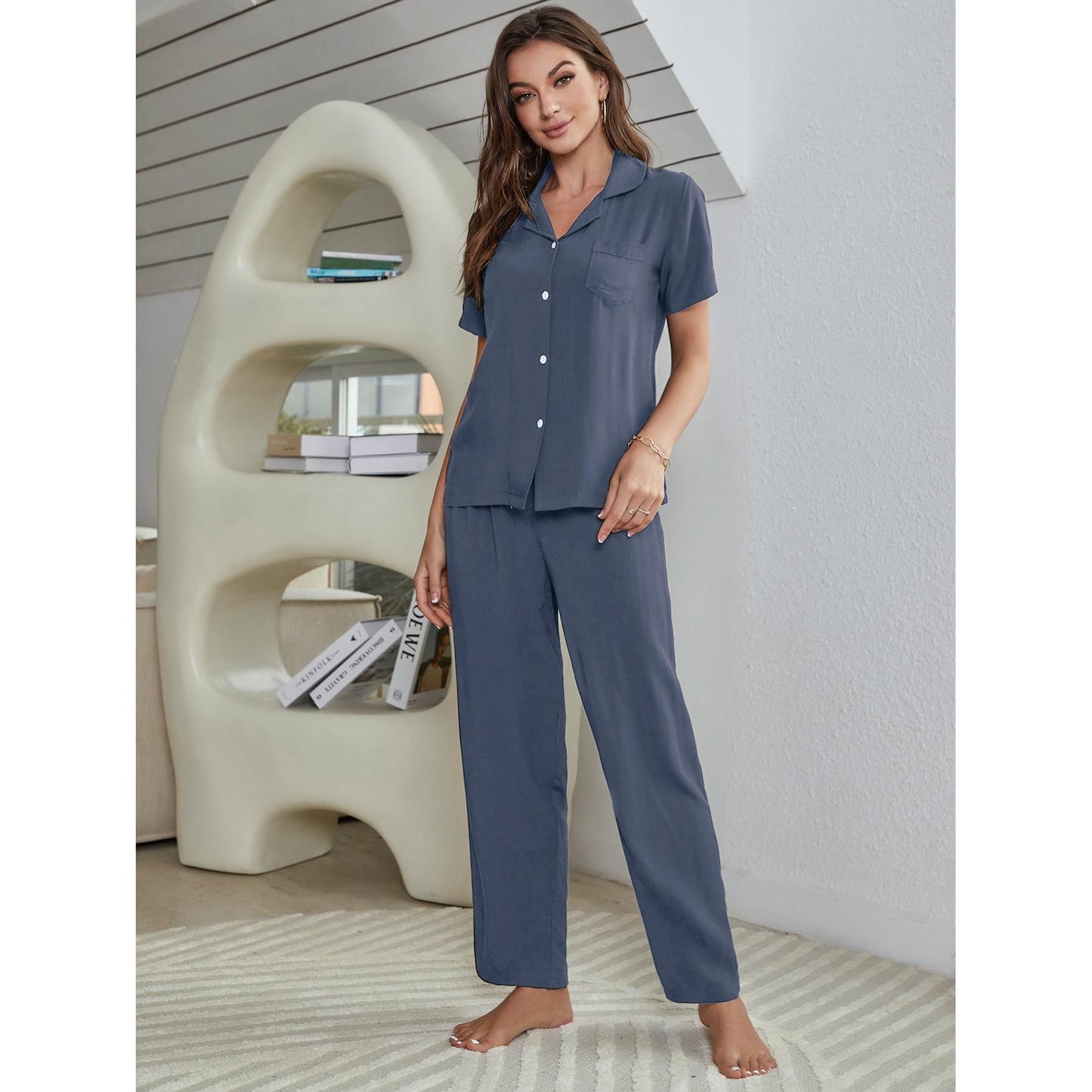 Short Sleeve Shirt, Bralette, and Pants Lounge Set