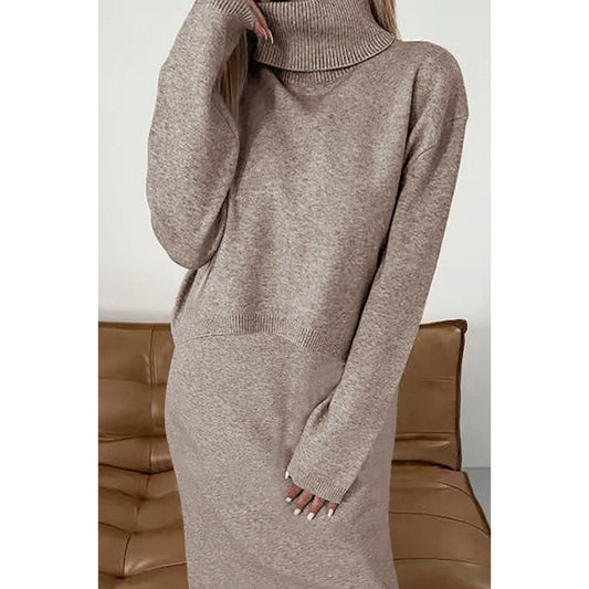 Turtleneck Dropped Shoulder Sweater and Midi Dress Sweater Set