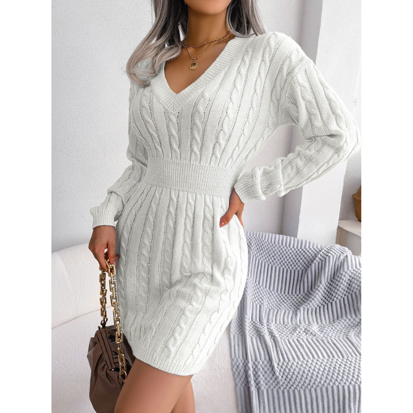 Cable-Knit V-Neck Mini Sweater Dress