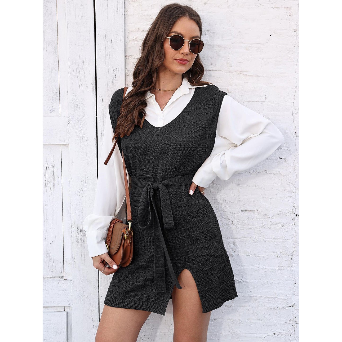 Tie Front V-Neck Sleeveless Slit Sweater Dress