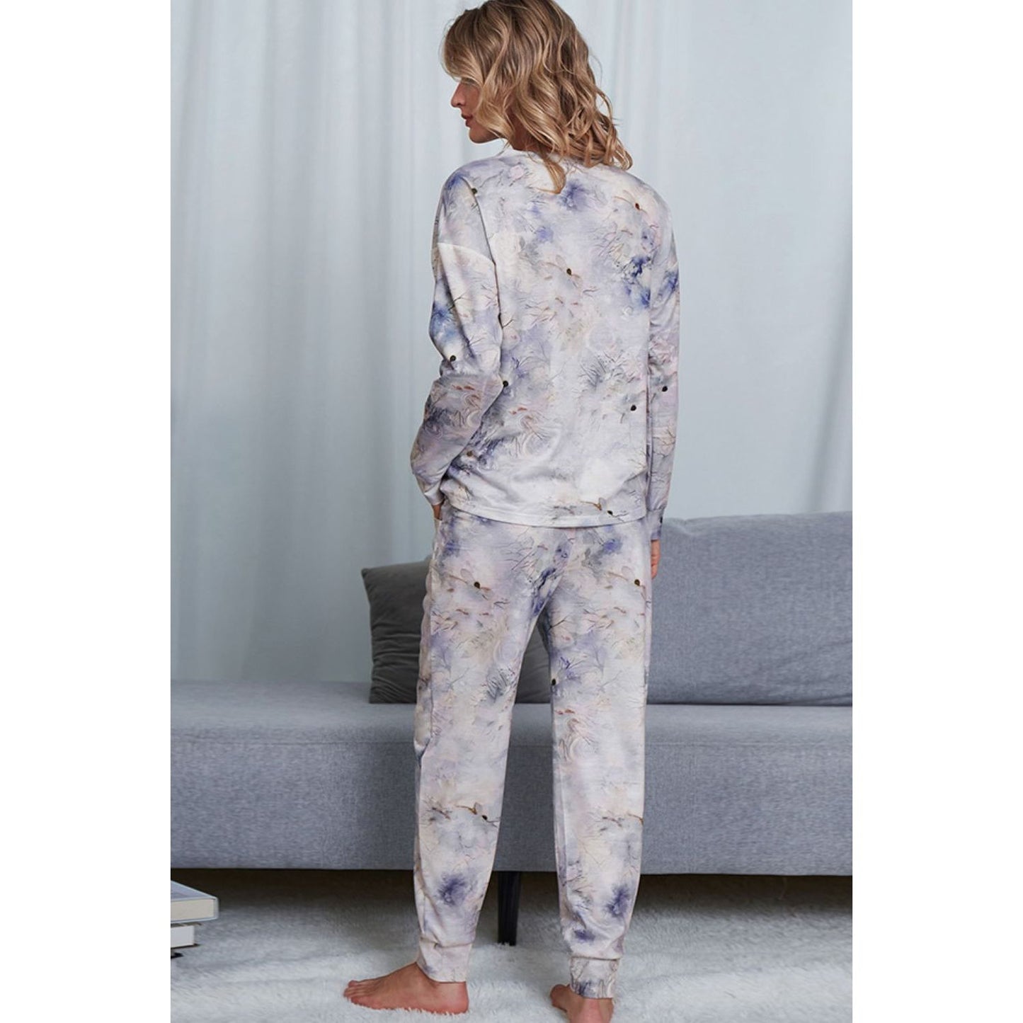 Shiny Tie-Dye Crewneck Top and Drawstring Waist Joggers Lounge Set