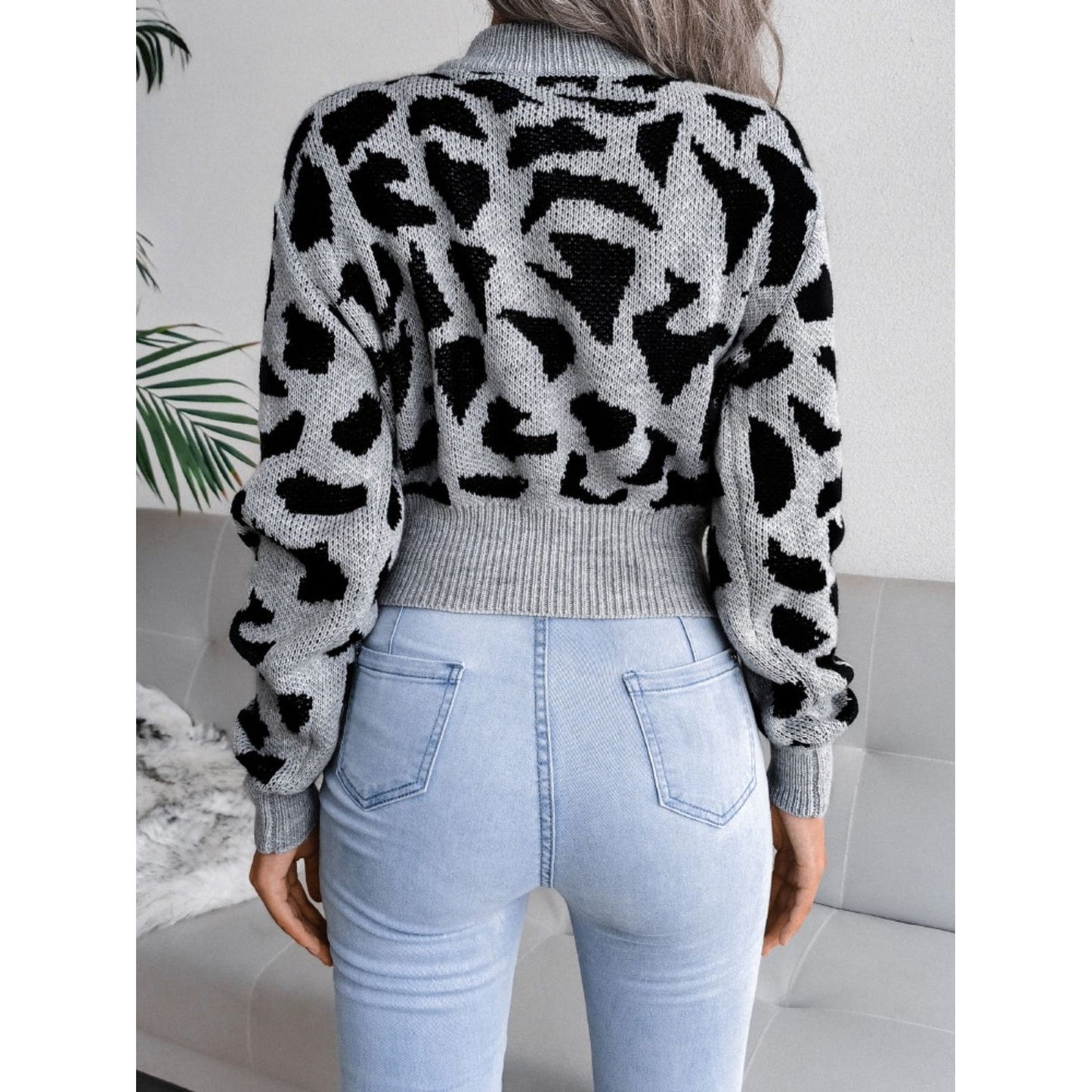 Leopard Round Neck Dropped Shoulder Sweater