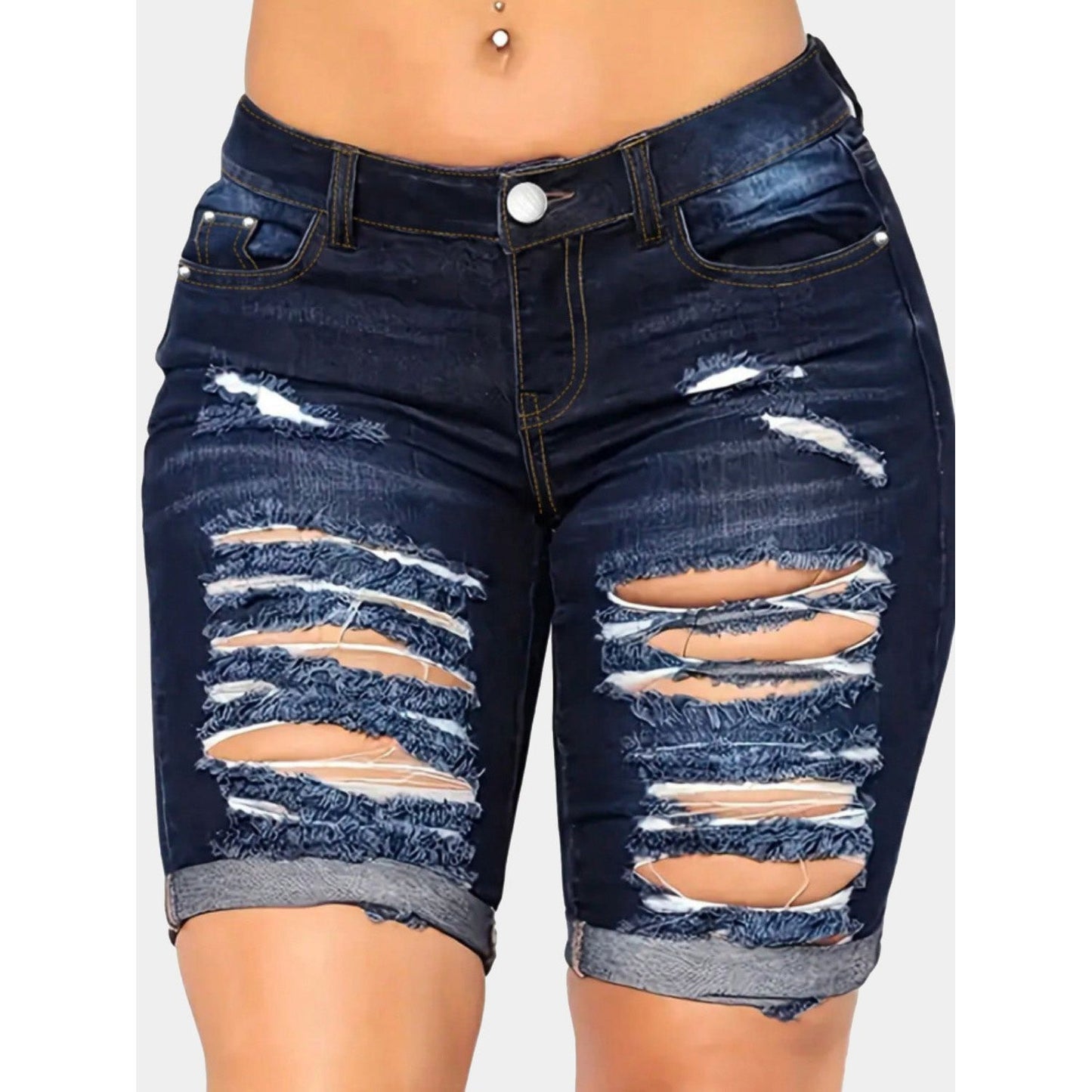 Distressed Denim Shorts with Pockets