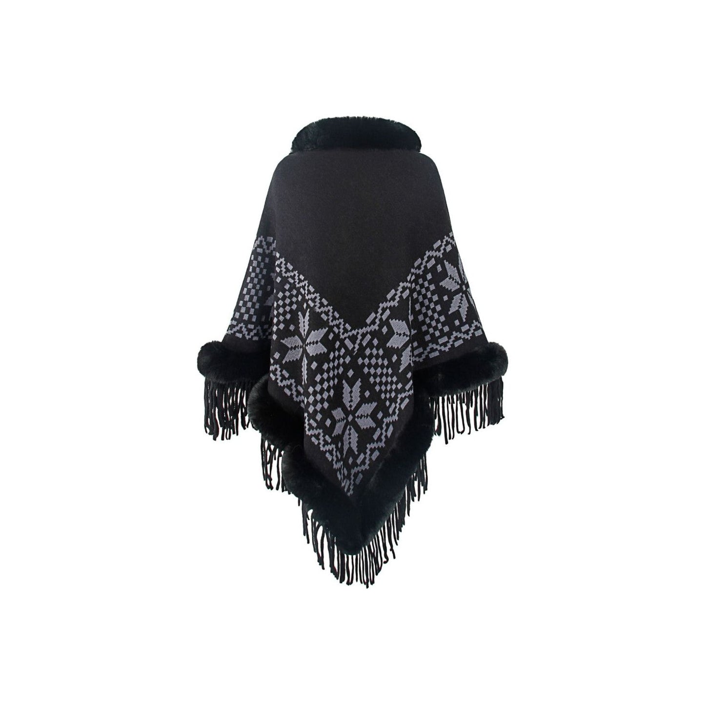 Fringe Geometric Cape Sleeve Poncho