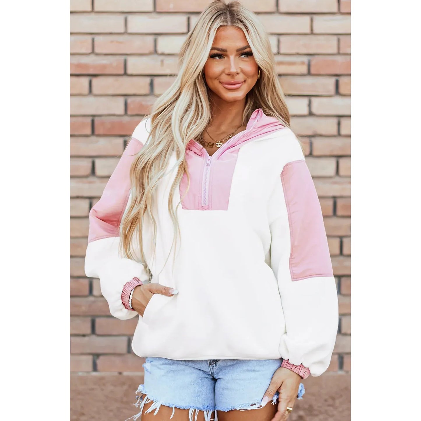 Color Block Half Zip Long Sleeve Hoodie