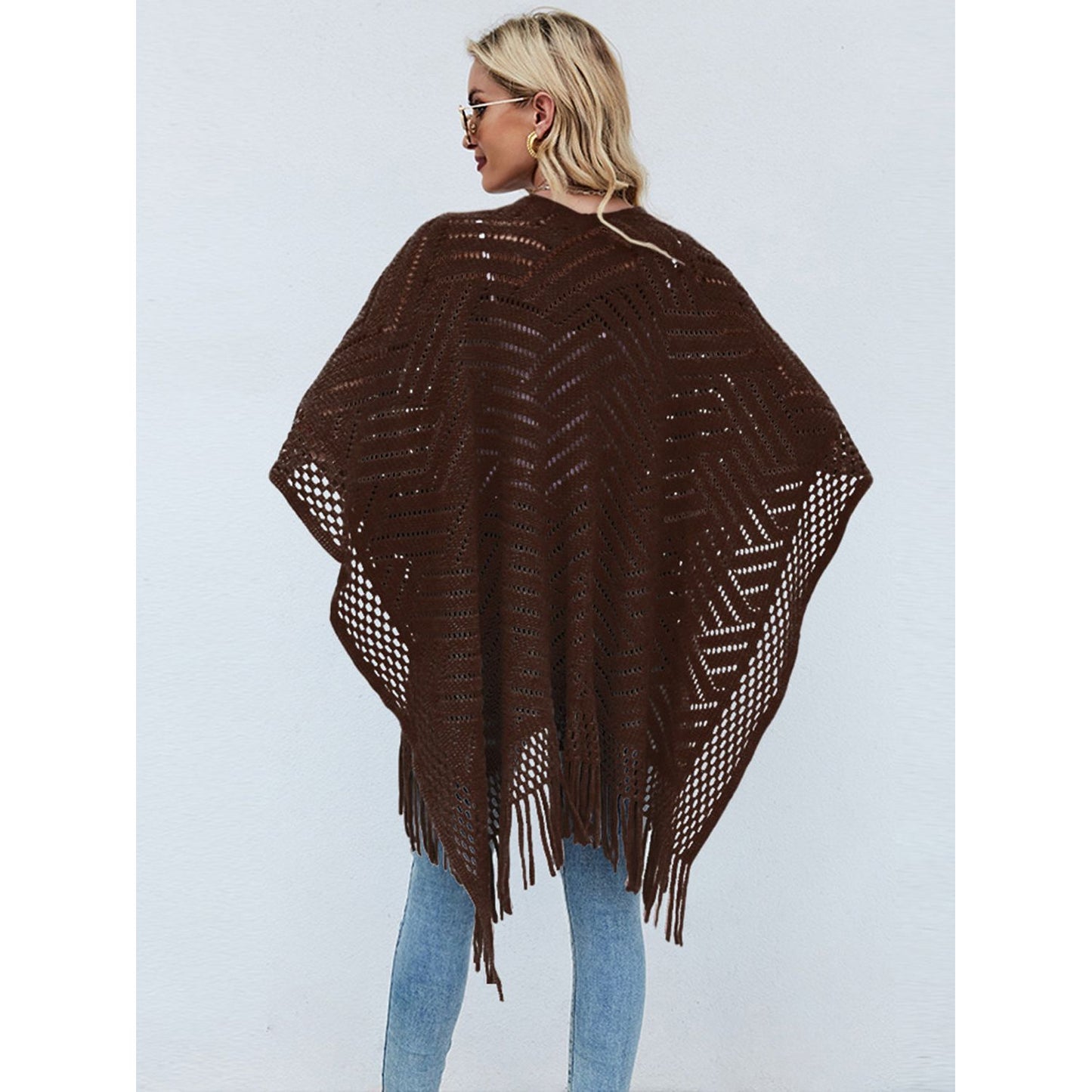 Shiny Fringe Hem Open Front Poncho