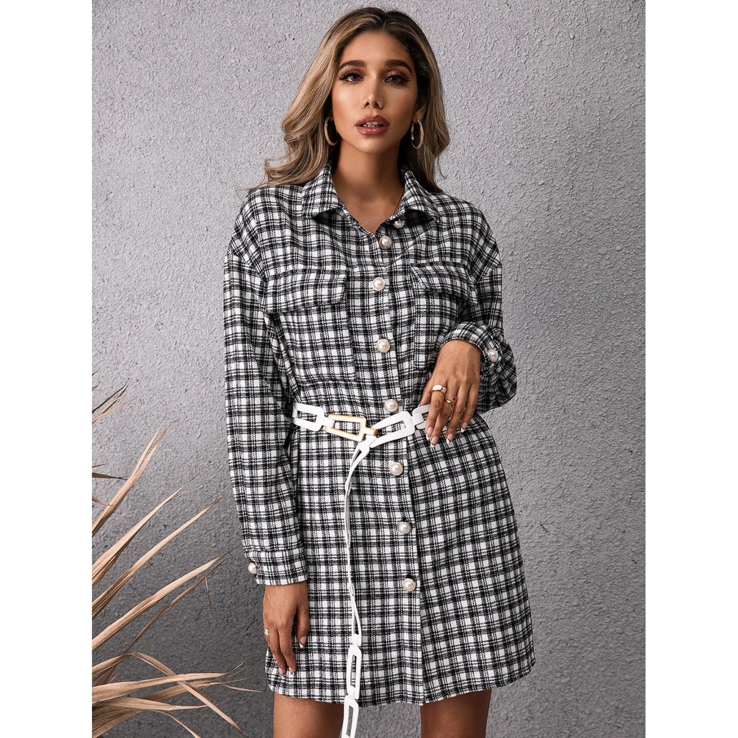 Ivy Lane Pocketed Plaid Long Sleeve Mini Dress