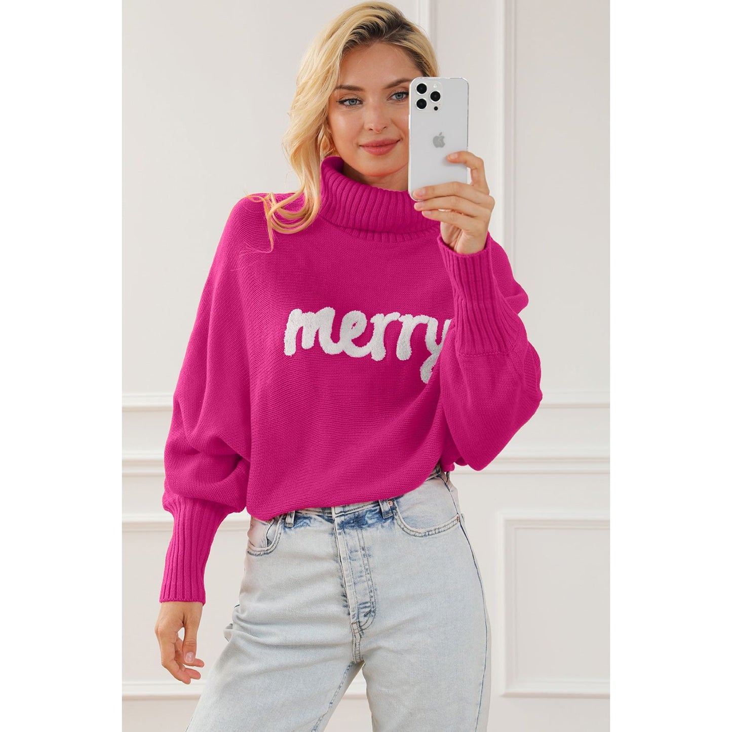 Merry Letter Embroidered High Neck Sweater