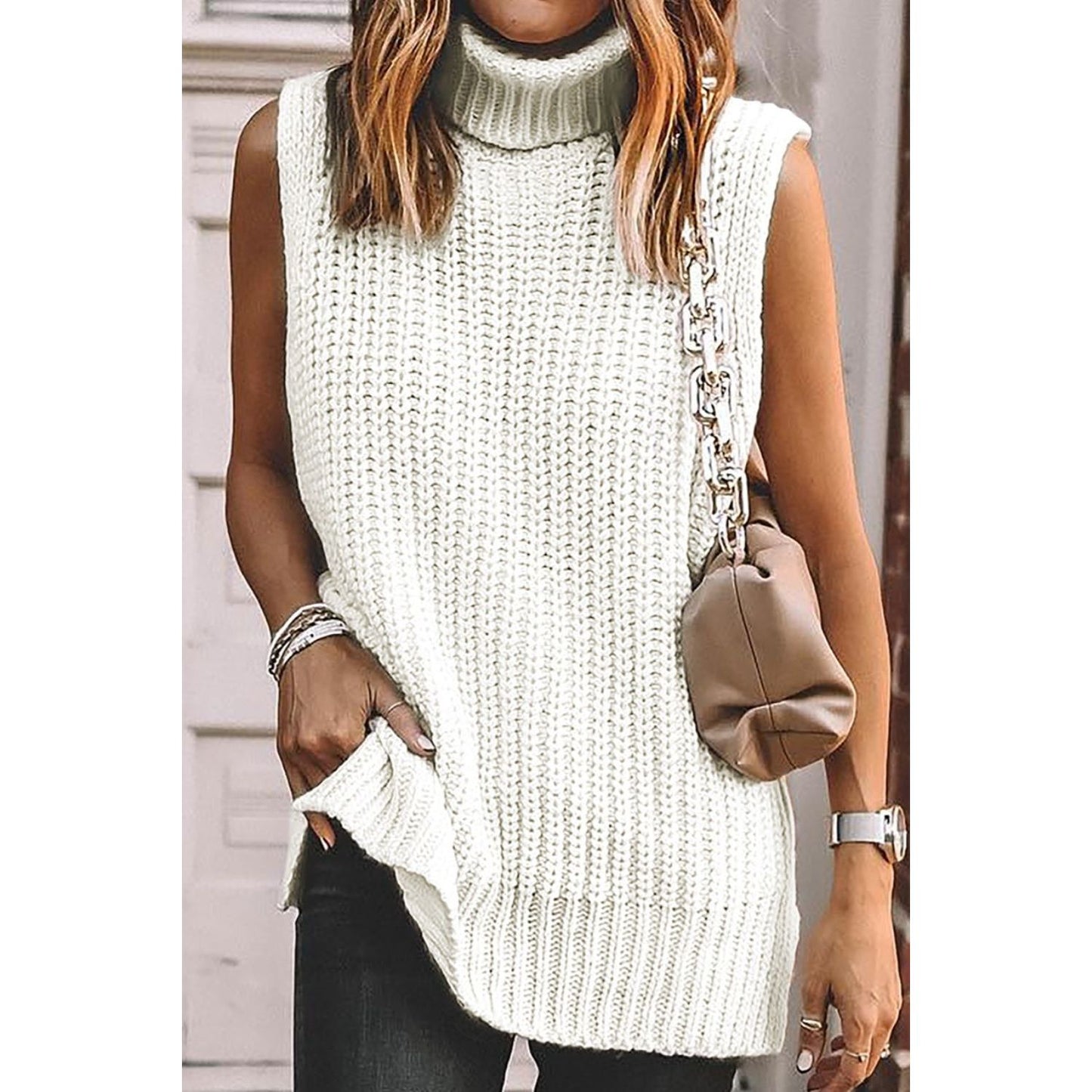 Slit Turtleneck Sleeveless Sweater Vest