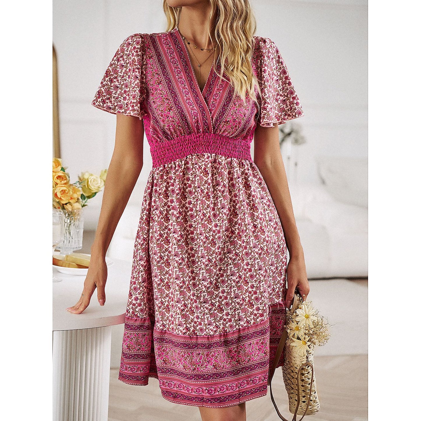 Floral Smocked Waist Short Sleeve Mini Dress